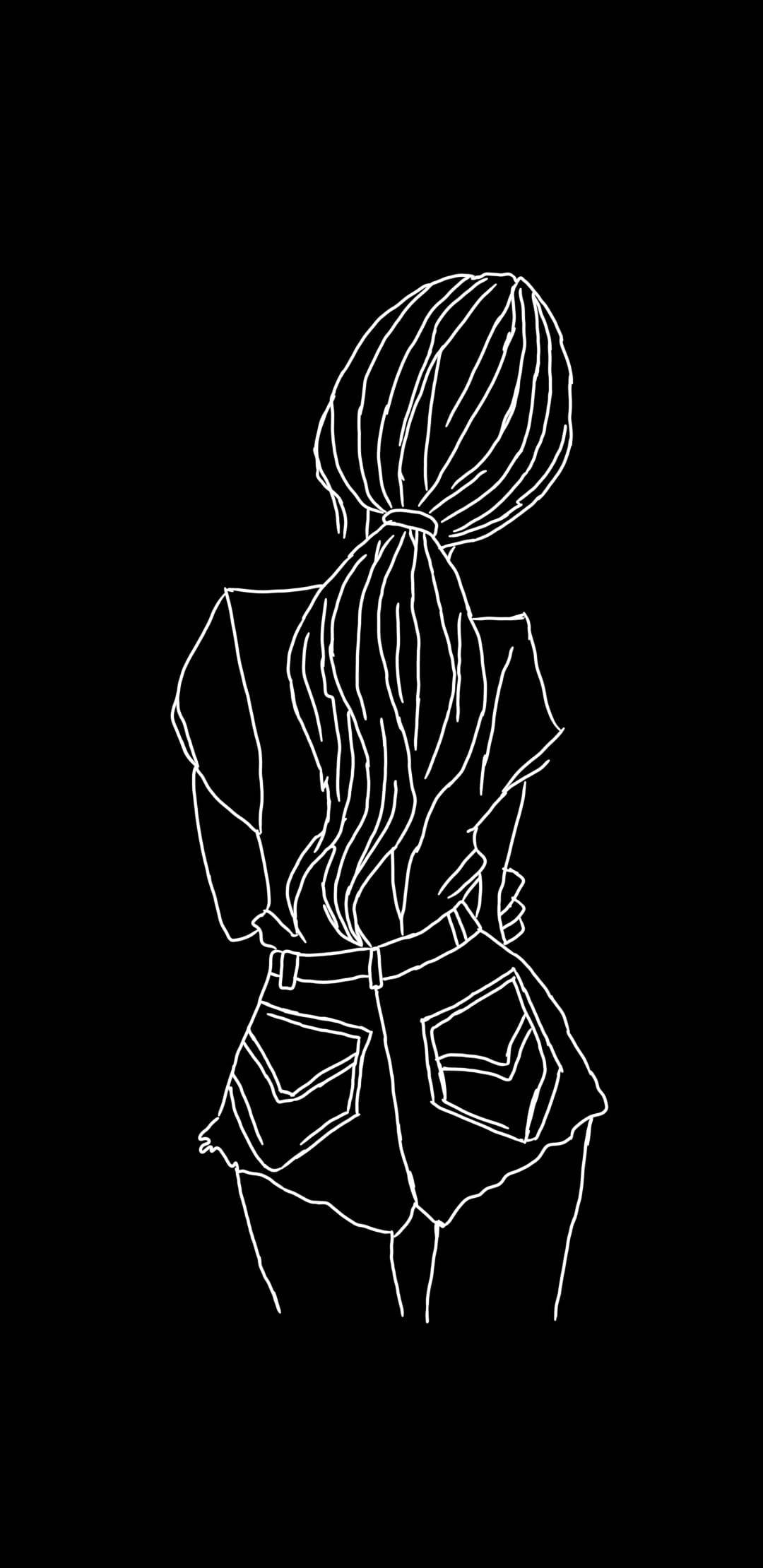 Dark Girly 桌布 壁紙 — 一個簡約的白色線條畫，描繪一個長髮紮成馬尾辮的人從背後看的樣子，背景為純黑色。