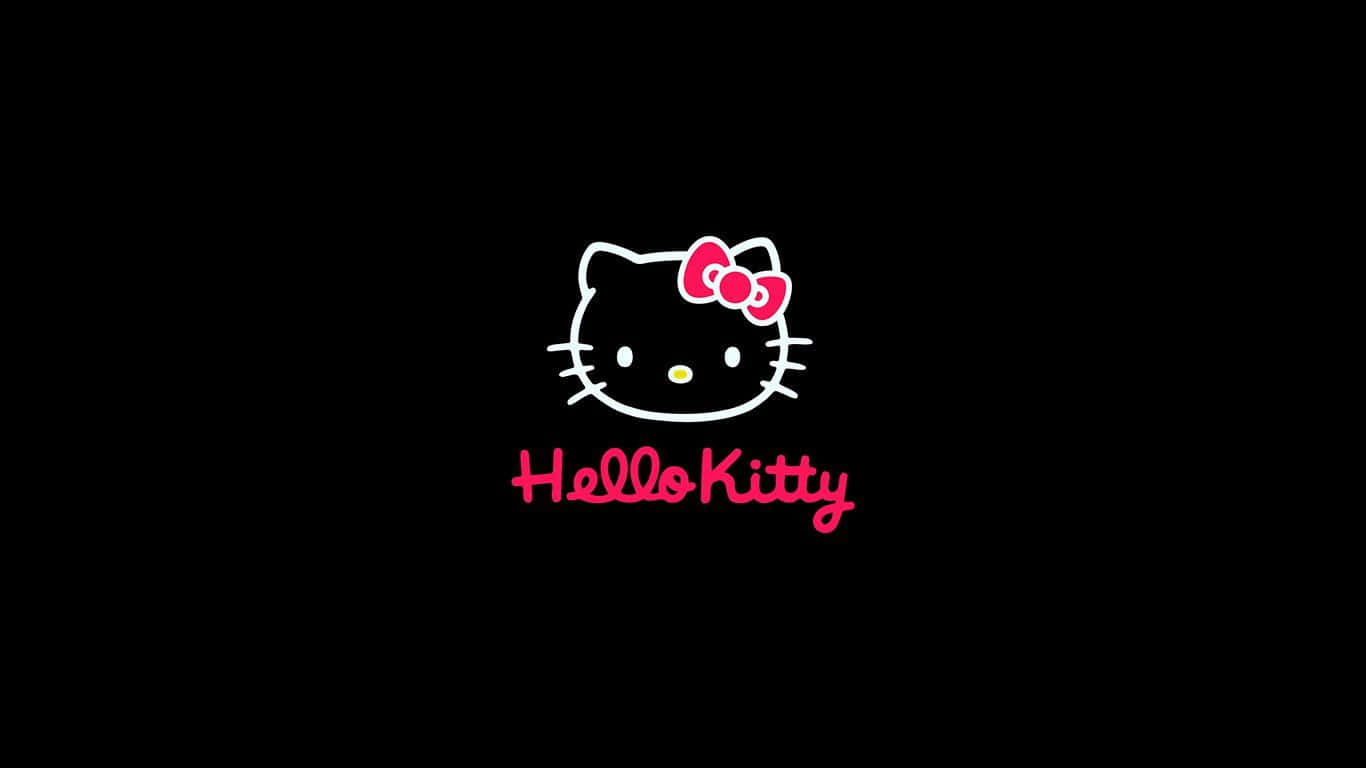 Hello Kitty Pc 桌布 壁紙 — 一個簡約的白色線條畫Hello Kitty，中央有一個粉紅色蝴蝶結，黑色背景下方有粉紅色草書文字。