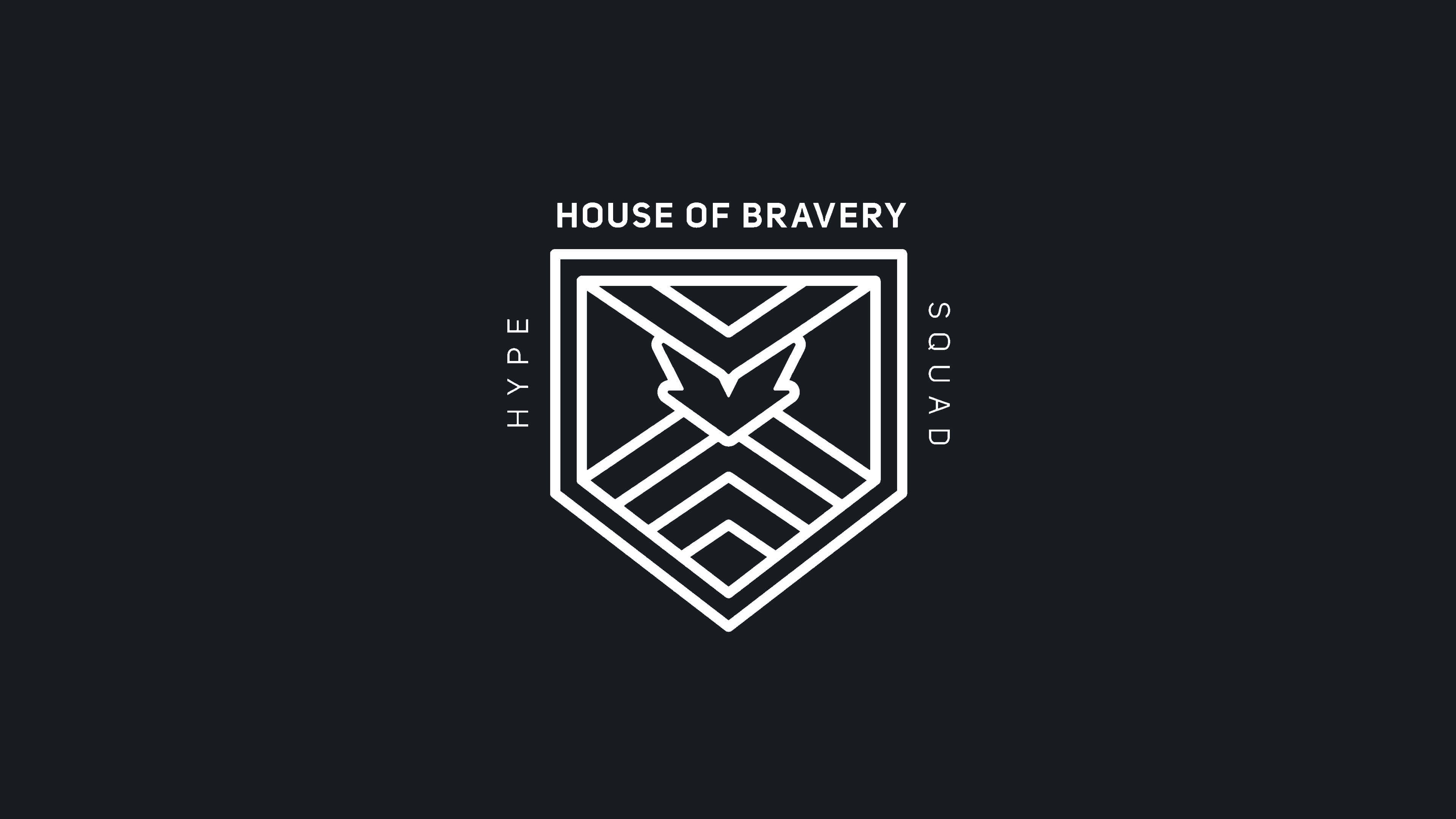 Discord 桌布 壁紙 — 一個簡約的白色線條藝術標誌，用於「House of Bravery Squad」，背景為深色。