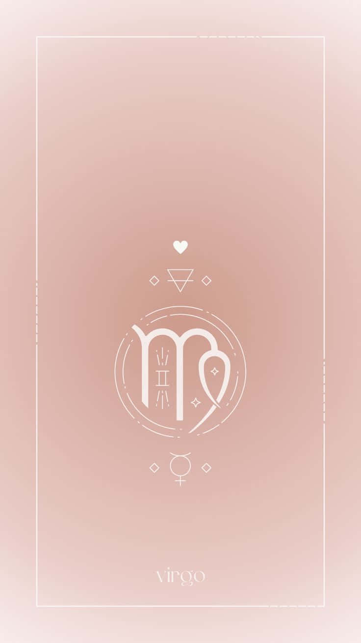 Virgo Aesthetic 桌布 壁紙 — 一個簡約的白色處女座符號，居中於柔和的粉紅色漸變背景上，帶有幾何裝飾。