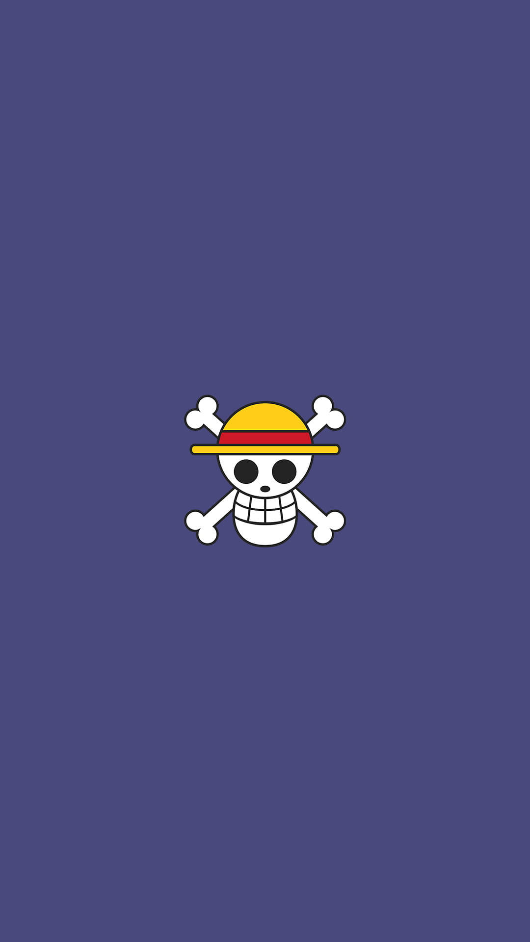 One Piece Logo 桌布 壁紙 — 一個簡約的白色骷髏頭，戴著黃色帽子，交叉骨頭，居中在純紫色背景上。