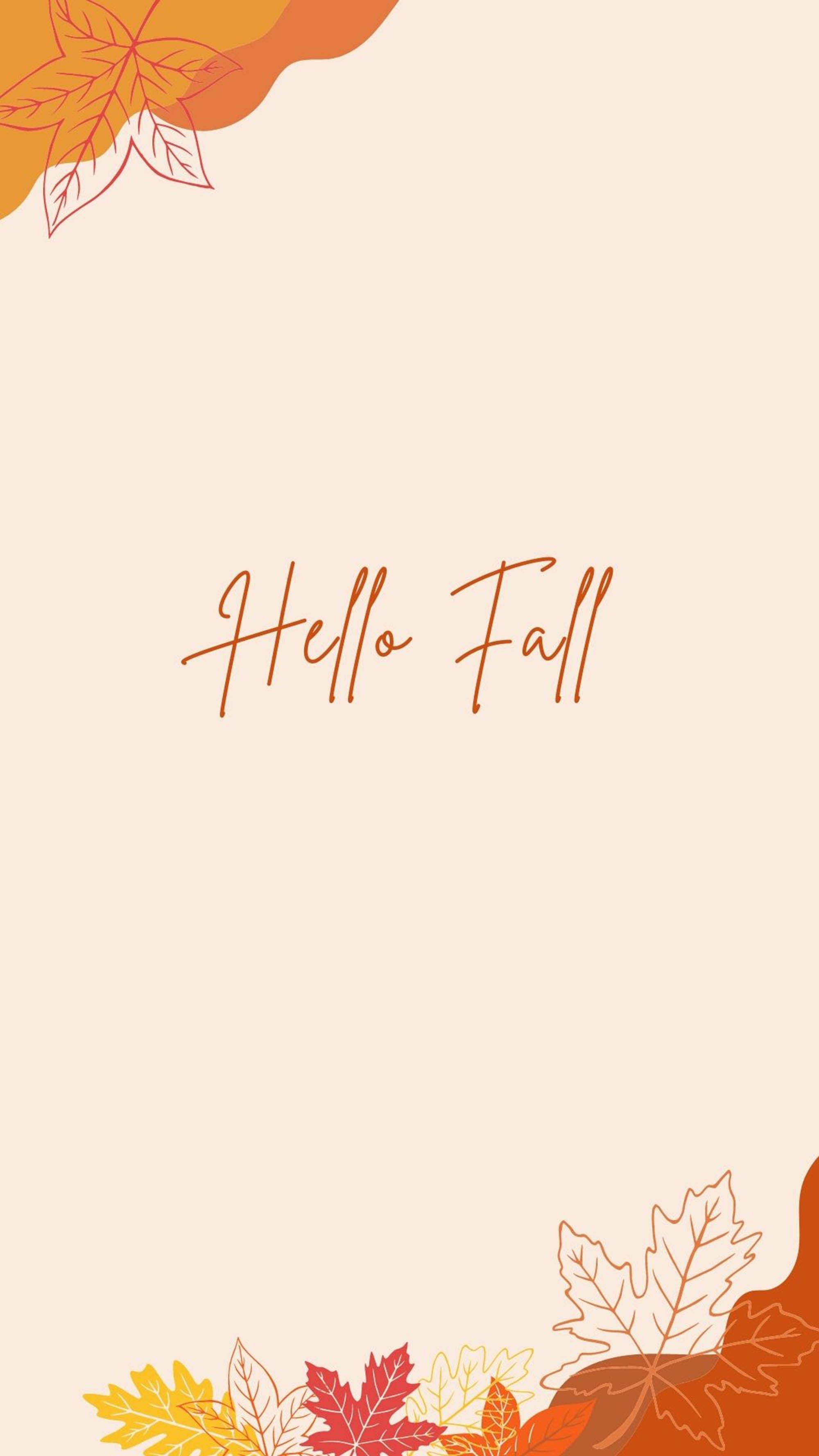 秋季美學 桌布 壁紙 — 一個簡約的秋季桌布，中央有「Hello Fall」字樣，周圍是風格化的秋葉，色調為溫暖的橙紅和黃色。