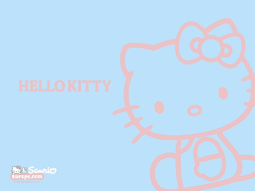 sanrio 桌布 壁紙 — 一個簡約的粉紅色Hello Kitty輪廓，帶有蝴蝶結，在淺藍色背景上並有文字。