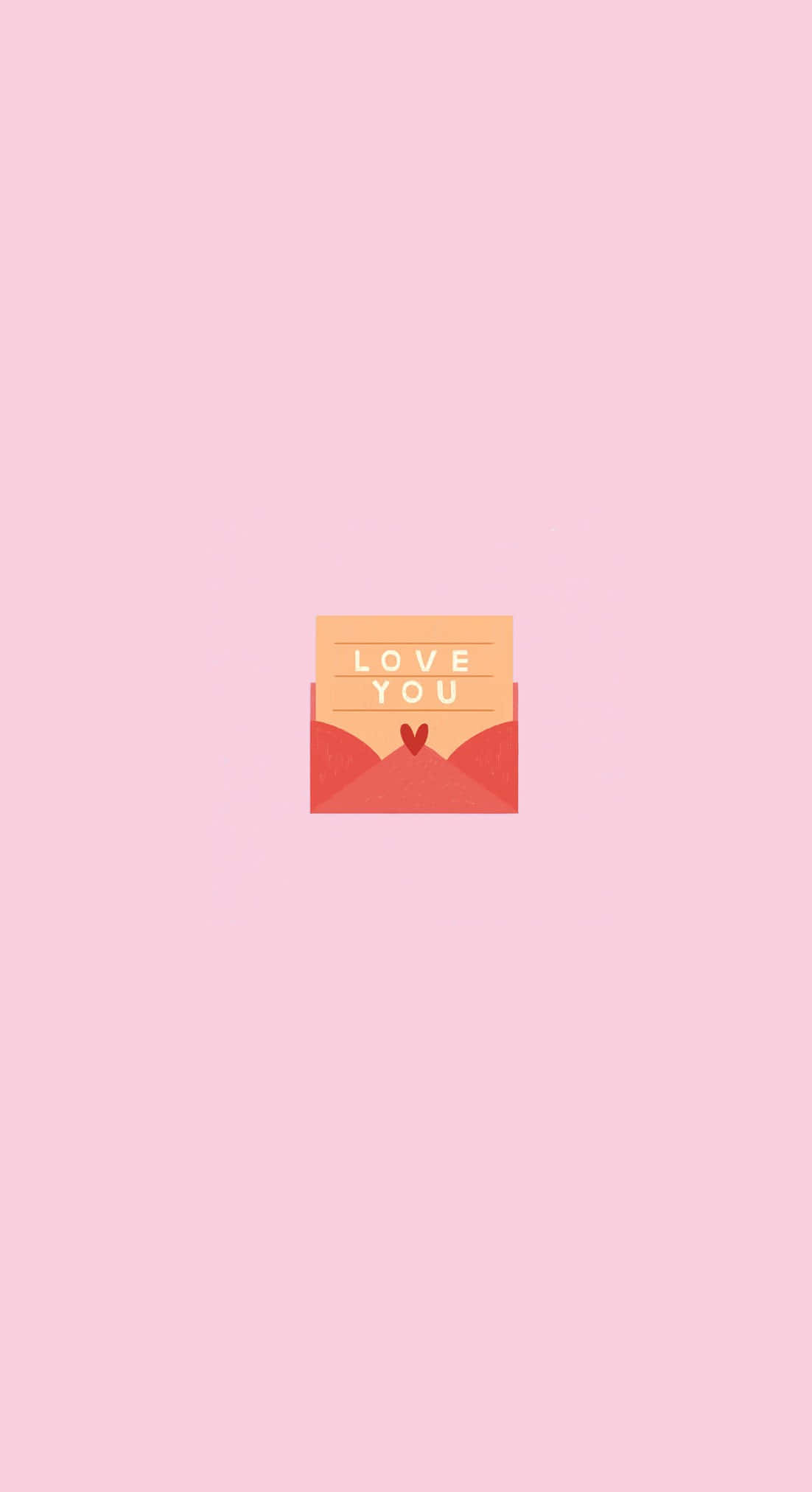 Valentines Day Phone 桌布 壁紙 — 一個簡約的粉紅色信封，帶有心形翻蓋和一張寫著「愛你」的便條，背景是柔和的粉紅色。