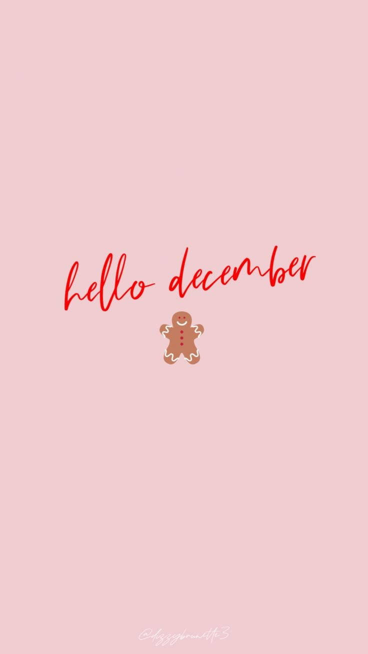 Tumblr iPhone 桌布 壁紙 — 一個簡約的粉紅色桌布，上面有紅色草書文字寫著hello december，下方有一個小薑餅人。