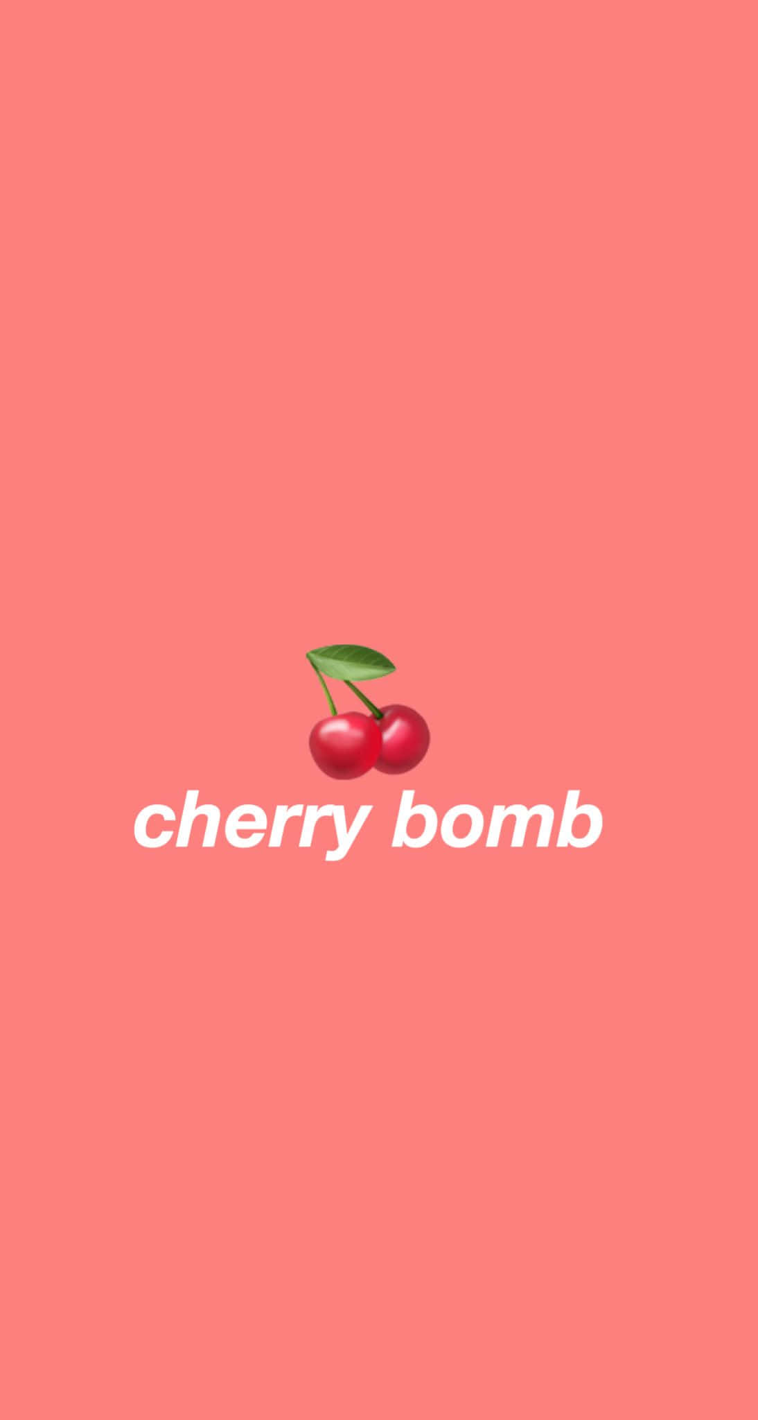 Cherry 桌布 壁紙 — 一個簡約的粉紅色背景，上面有一個櫻桃表情符號和白色小寫文字cherry bomb。