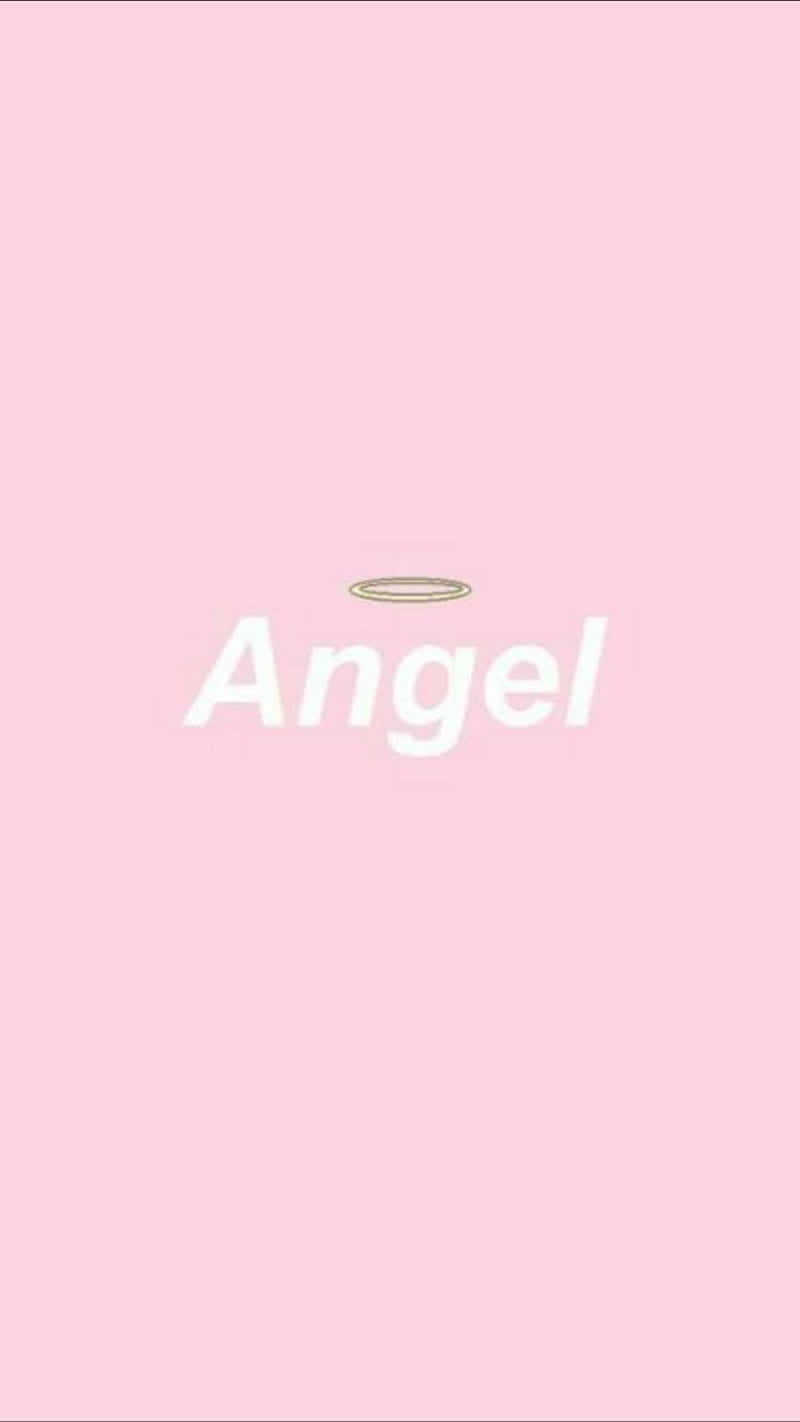 桌布 壁紙 — 一個簡約的粉紅色背景，上面有白色的Angel字樣，上方有一個小小的金色光環。