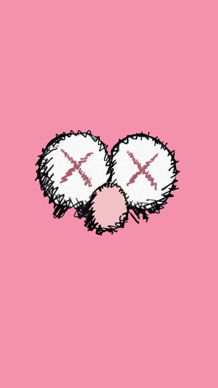 KAWS 桌布 壁紙 — 一個簡約的粉紅色背景上，有一個用黑色塗鴉粗略繪製的臉，帶有X形眼睛和圓形鼻子。