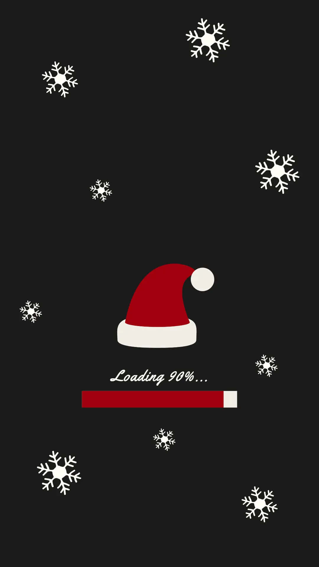Vintage Christmas 桌布 壁紙 — 一個簡約的紅色聖誕帽和載入進度條出現在黑色背景上，並有飄浮的白色雪花。