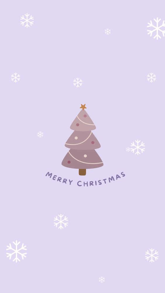 聖誕美學 桌布 壁紙 — 一個簡約的紫色聖誕樹，帶有白色雪花和「Merry Christmas」文字，背景為薰衣草色。