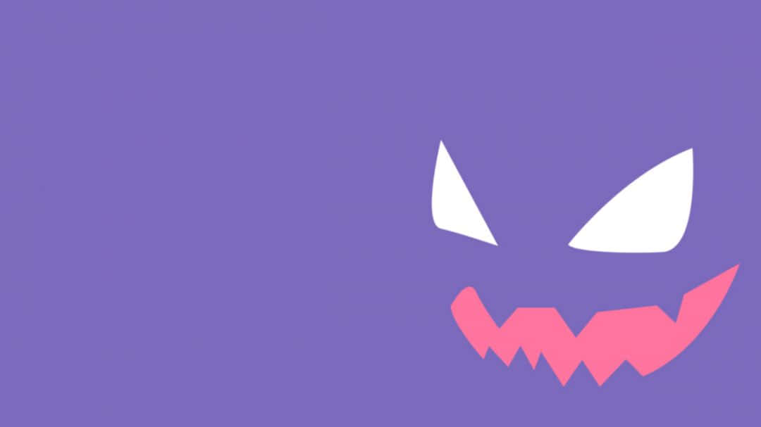 Pokemon Halloween 桌布 壁紙 — 一個簡約的紫色背景，上面有一個風格化的威脅面孔，有白色的眼睛和鋸齒狀的粉紅色笑容。