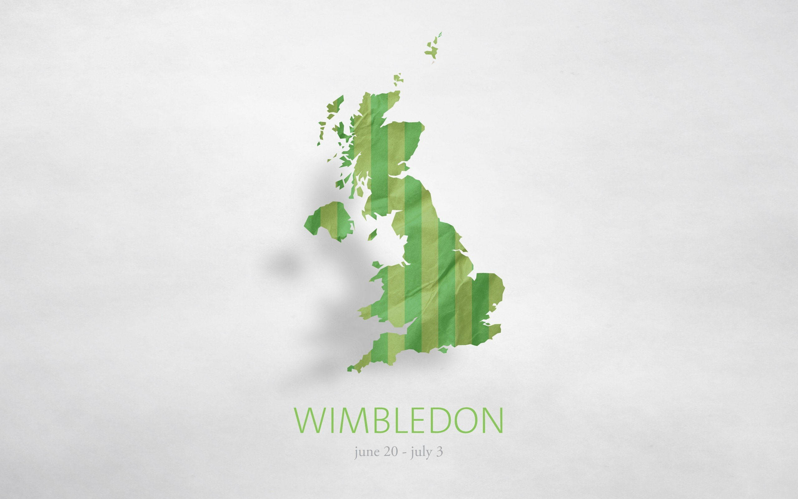 Wimbledon 桌布 壁紙 — 一個簡約的綠色條紋英國地圖，下方有'WIMBLEDON'和日期，背景為有紋理的白色。