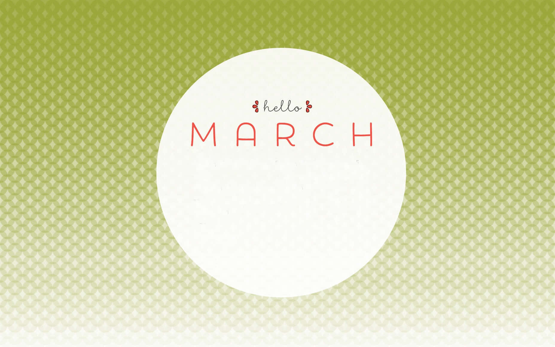 Hello March 桌布 壁紙 — 一個簡約的綠色背景，上面有一個白色圓圈，內含紅色和黑色的 hello MARCH 文字。