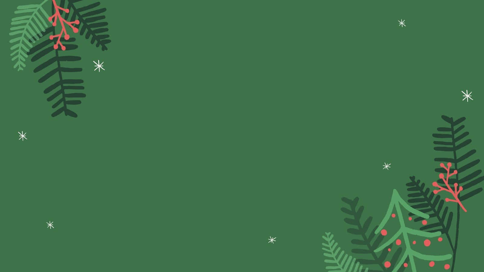 節日 桌布 壁紙 — 一個簡約的綠色背景，角落裝飾著風格化的蕨類植物和紅色漿果，並散落著白色星星。