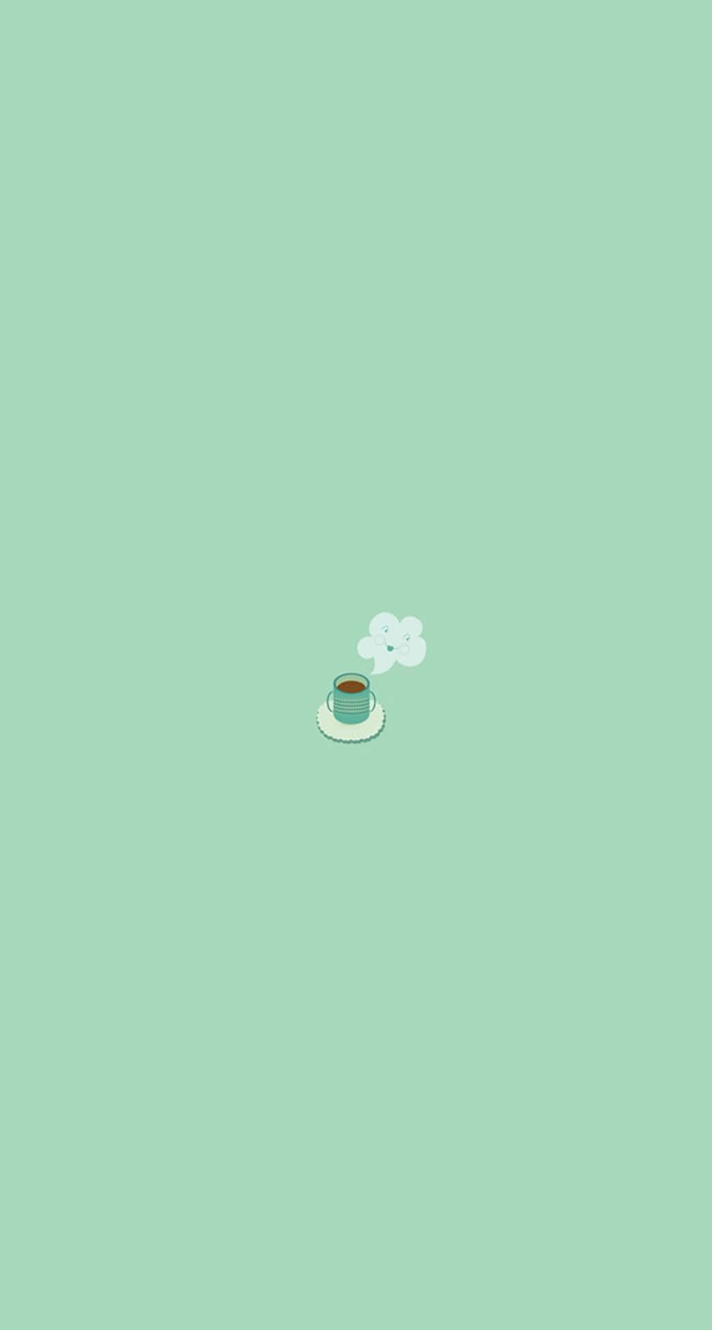 iPhone Simple Cute 桌布 壁紙 — 一個簡約的藍綠色杯子，帶有上升的蒸氣，位於淺綠色背景中央。