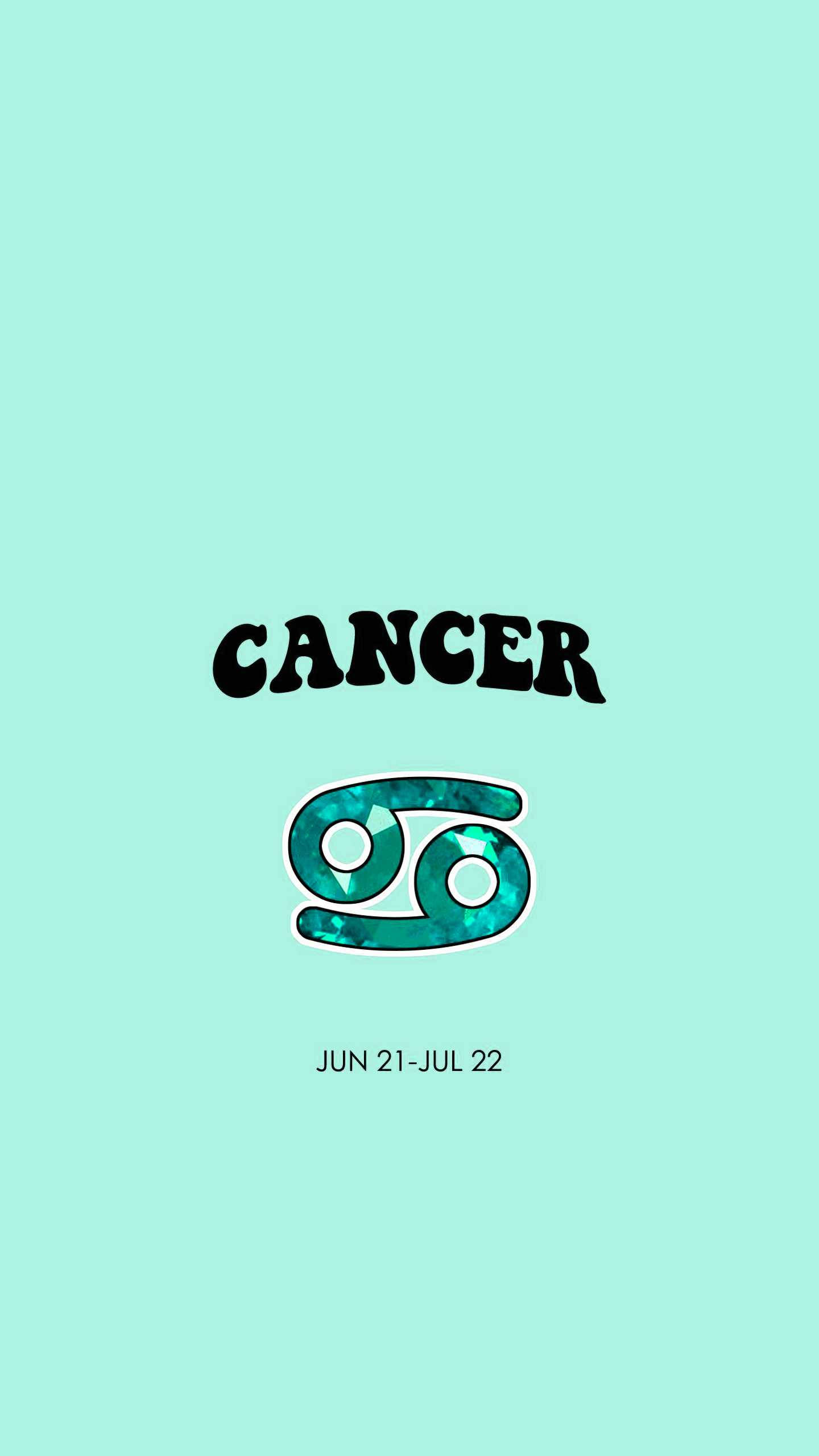 zodiac 桌布 壁紙 — 一個簡約的藍綠色背景，上面有粗體黑色文字「cancer」，下方有一個閃亮的藍綠色巨蟹符號和日期範圍。