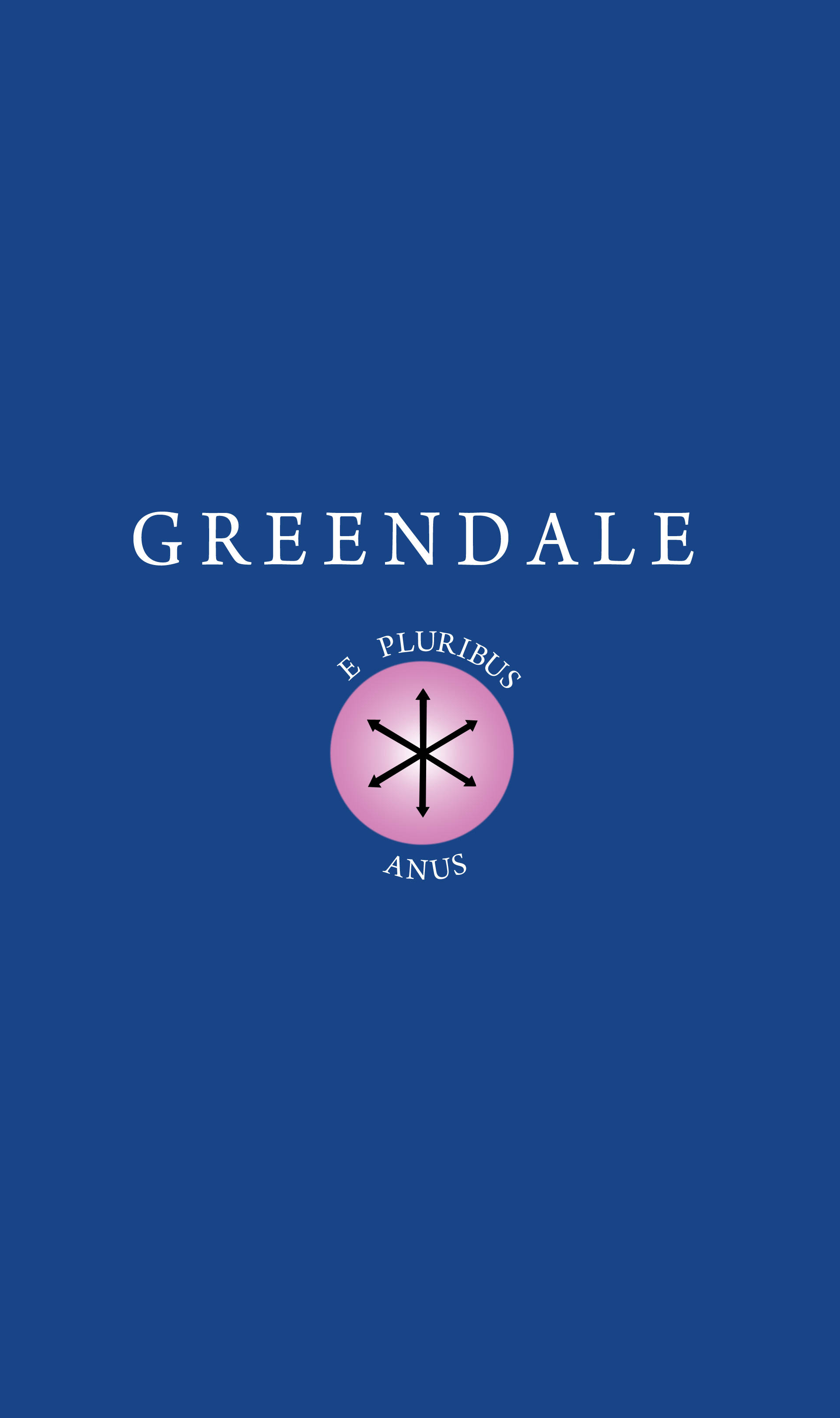 社群 桌布 壁紙 — 一個簡約的藍色背景，上面有「GREENDALE」字樣，位於一個粉紅色圓圈上方，圓圈內有黑色星爆和拉丁文字。