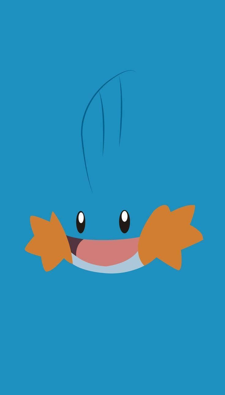 動漫 桌布 壁紙 — 一個簡約的藍色背景，有一條卡通魚，長著橙色魚鰭，從下方探出笑臉。