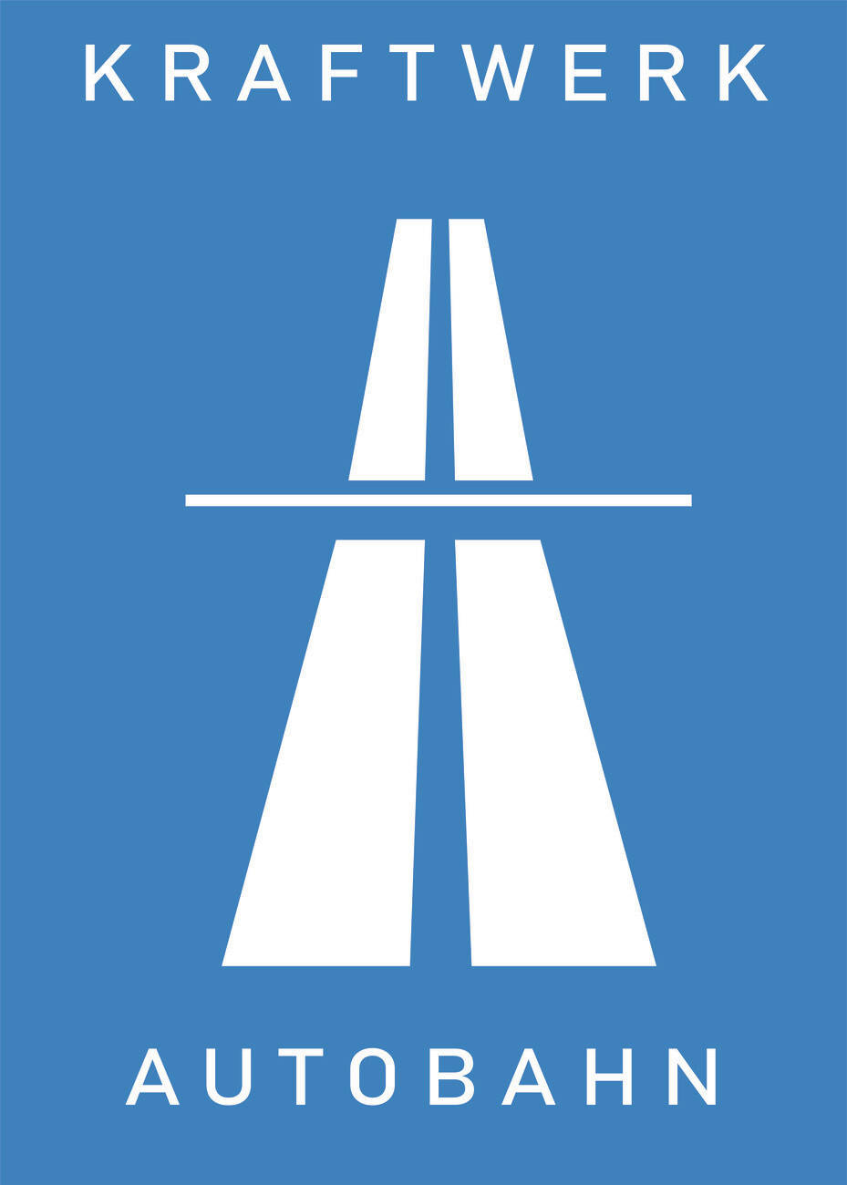 band 桌布 壁紙 — 一個簡約的藍色背景，有一條白色風格化的高速公路向頂部匯聚，並帶有「KRAFTWERK」和「AUTOBAHN」文字。
