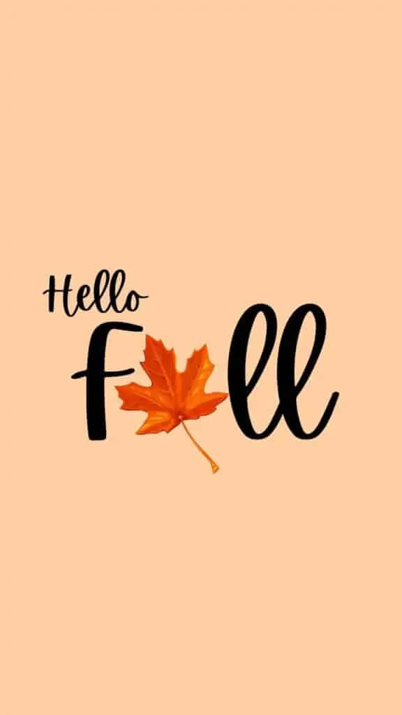 Simple Fall 桌布 壁紙 — 一個簡約的蜜桃色背景，上面有「Hello Fall」字樣，並以橙色楓葉取代字母「o」。