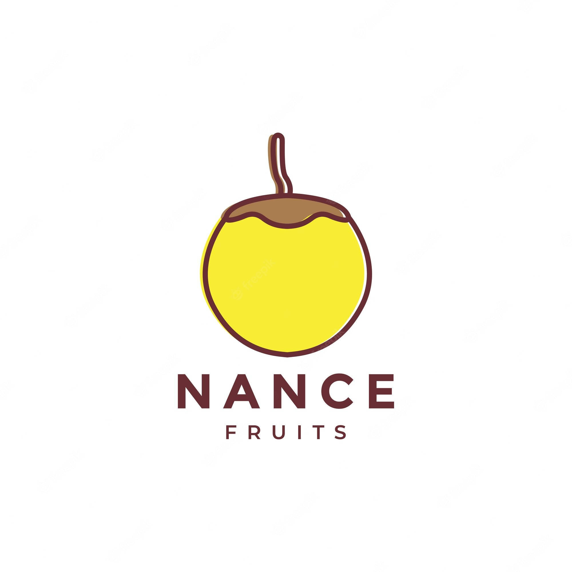 Fruits 桌布 壁紙 — 一個簡約的黃色南斯水果標誌，帶有棕色莖，下方有文字，背景為白色。