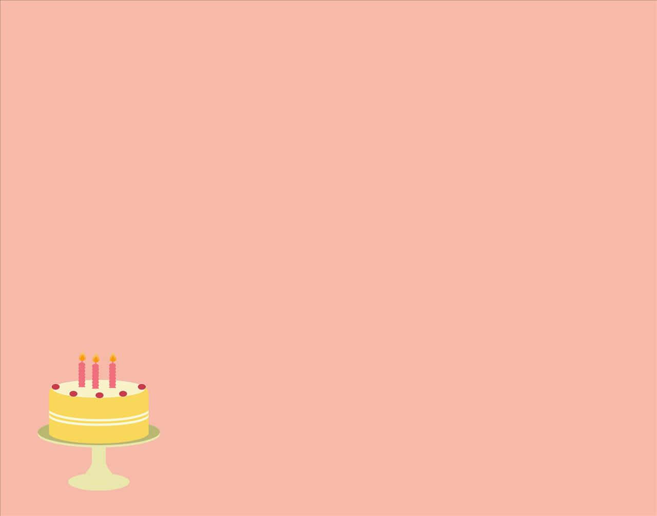 Birthday Cake 桌布 壁紙 — 一個簡約的黃色生日蛋糕，上面插著三根點燃的粉紅色蠟燭，放在架子上，背景是柔和的桃色。