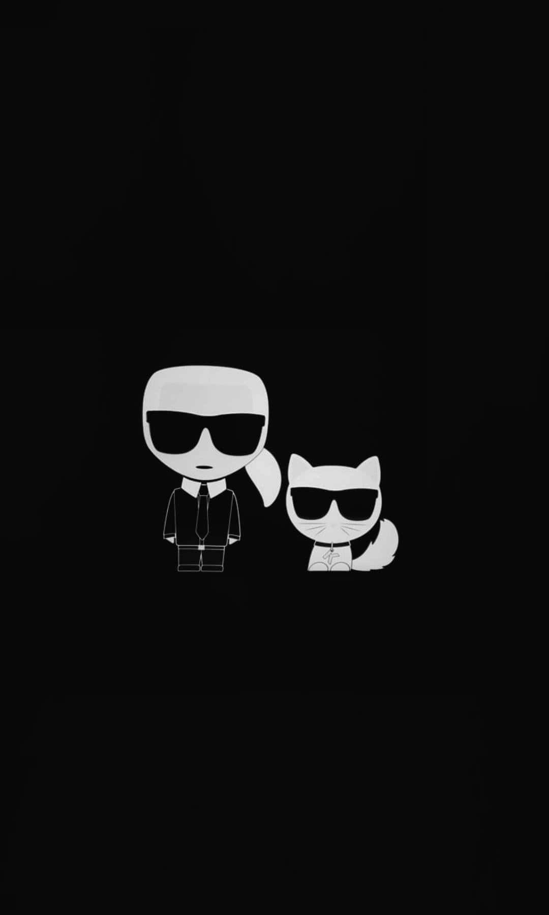 Karl Lagerfeld 桌布 壁紙 — 一個簡約的黑白插圖，描繪了一個風格化的人類和一隻戴著太陽眼鏡的貓，背景是純黑色。