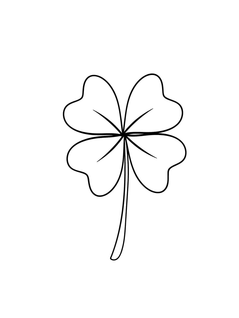 Four Leaf Clover 桌布 壁紙 — 一個簡約的黑色四葉草輪廓，帶有長莖，居中在純白色背景上。