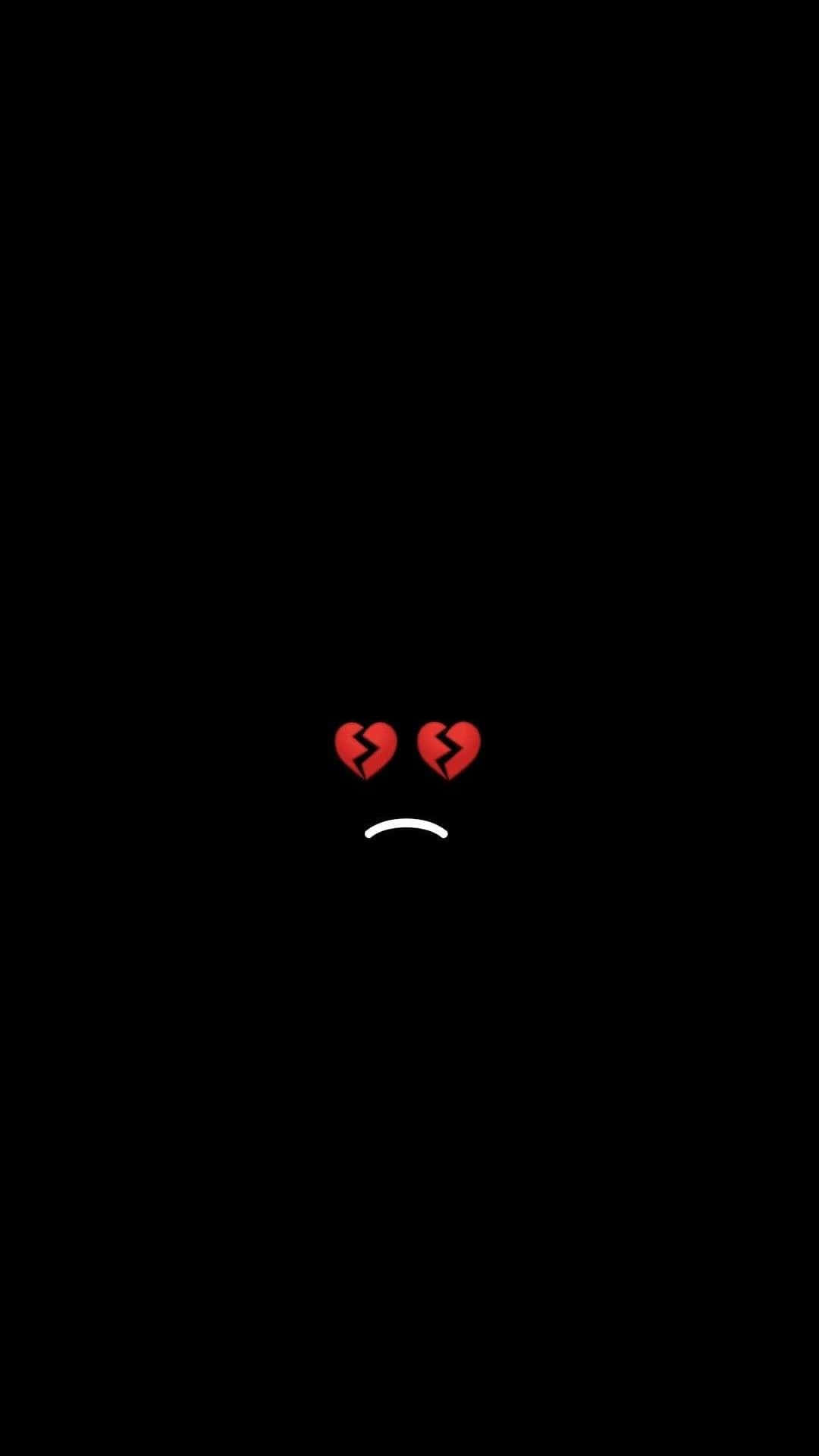 sad iPhone 桌布 壁紙 — 一個簡約的黑色背景，中央有兩個紅色破碎心形表情符號和一個白色皺眉表情符號。