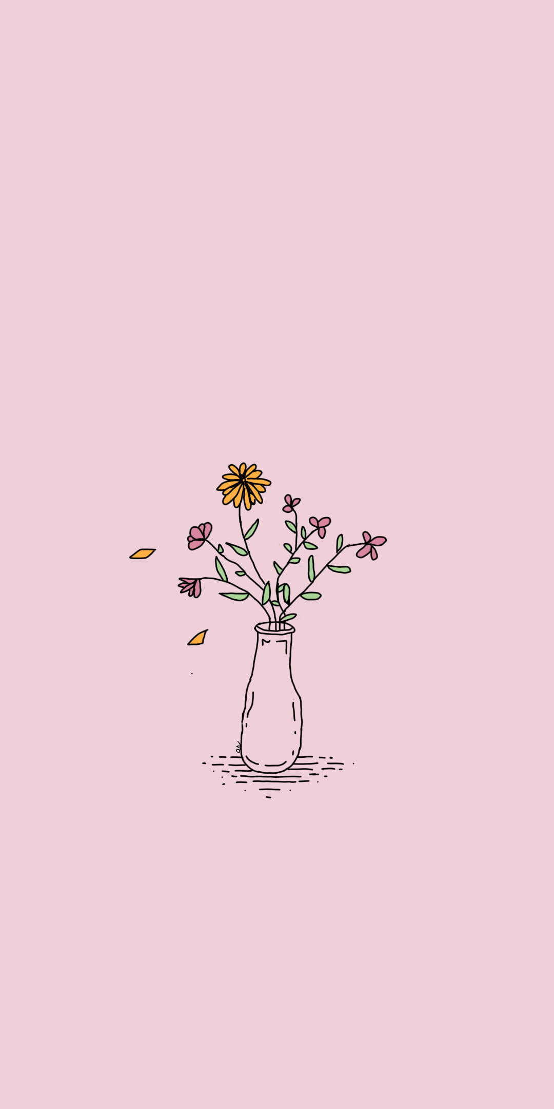 花 桌布 壁紙 — 一個簡約線條花瓶插滿色彩繽紛的花朵，襯以柔和粉紅色背景。