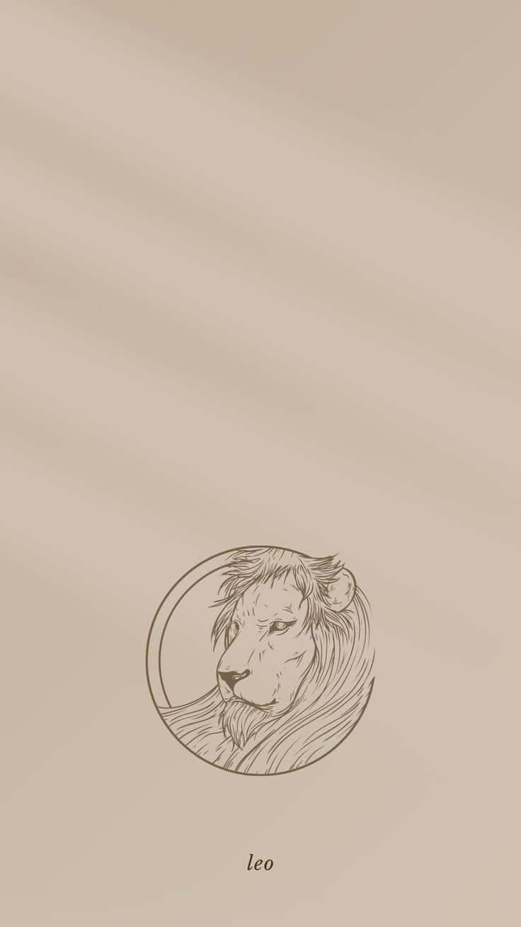 Leo Zodiac 桌布 壁紙 — 一個簡約線條藝術的獅子頭在圓圈內，背景為米色，下方有「leo」字樣。