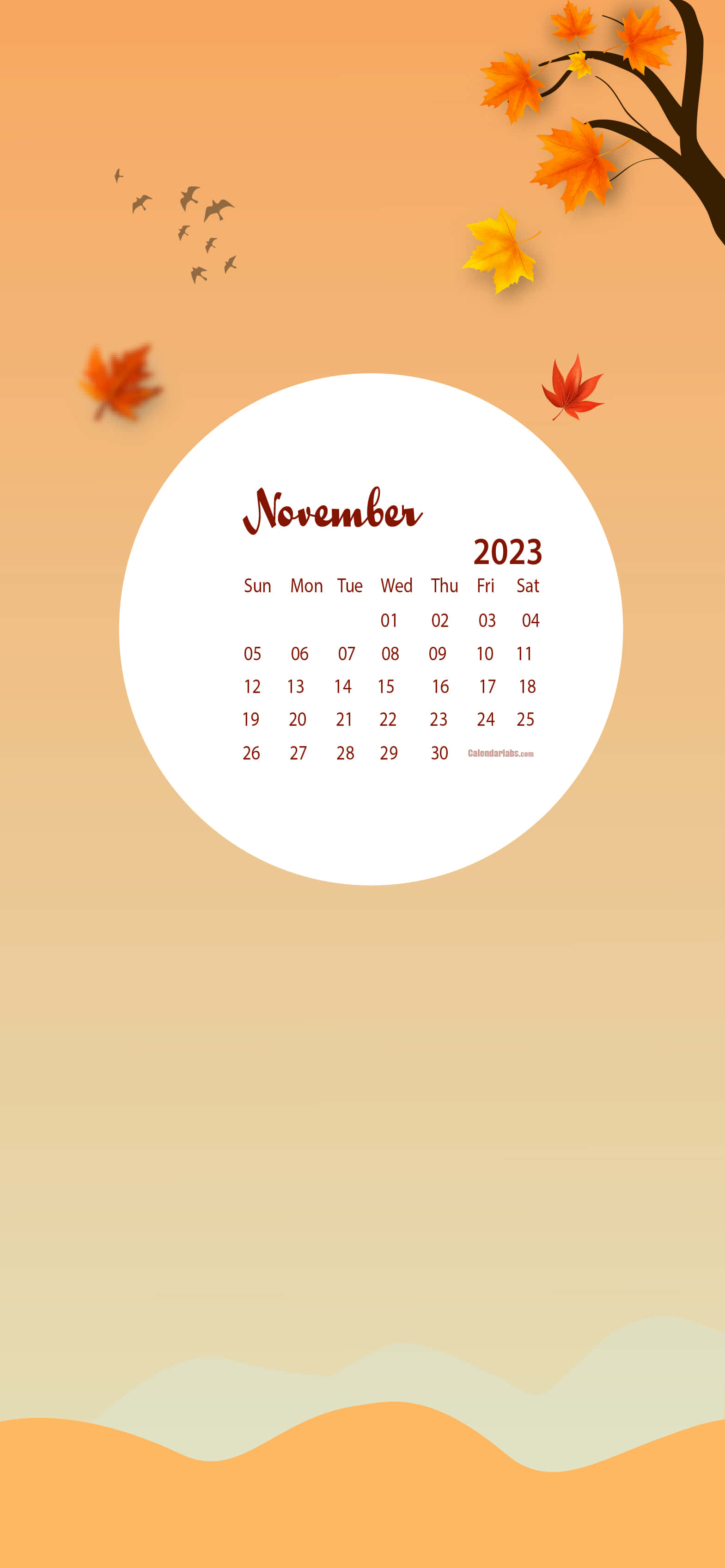 Aesthetic November 桌布 壁紙 — 一個簡約風格的2023年11月月曆，位於白色圓圈內，周圍環繞著飄落的秋葉和鳥兒，背景為溫暖的漸變色。