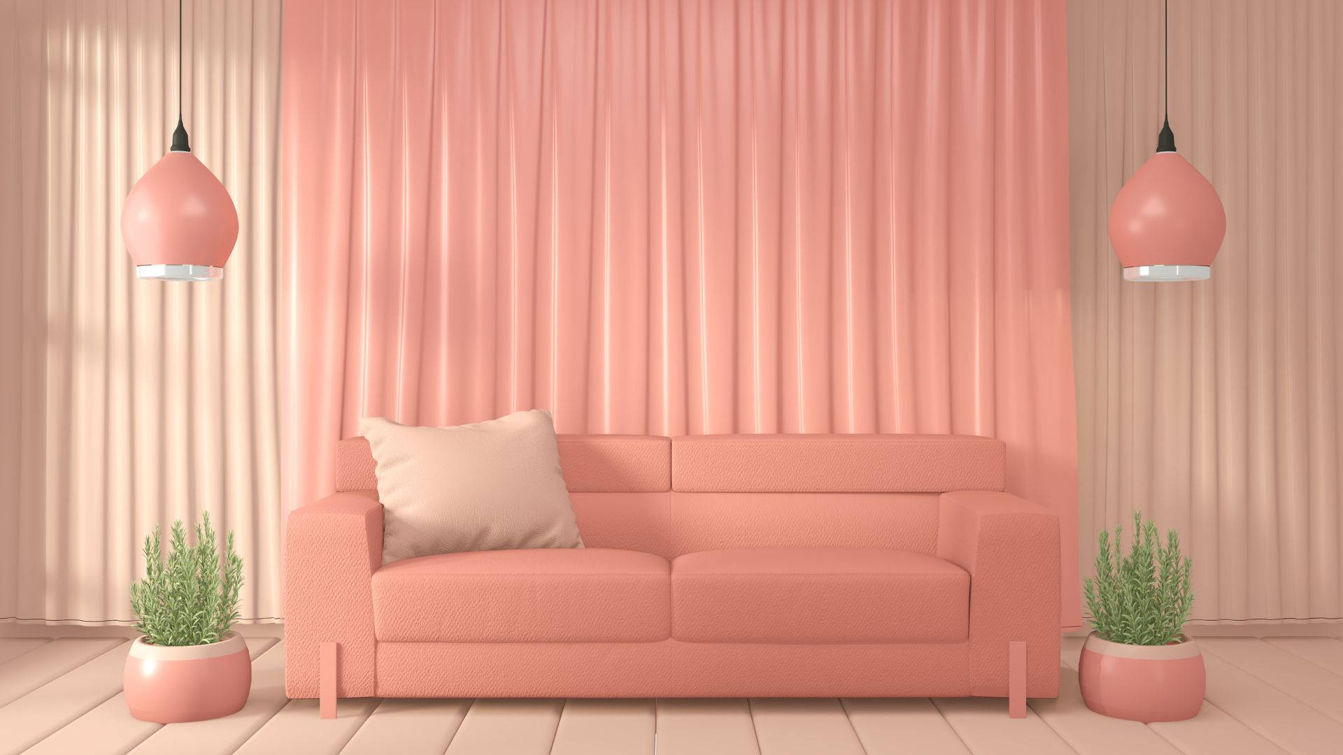 Interior Design 桌布 壁紙 — 一個簡約風格的客廳，以珊瑚色沙發為中心，兩側擺放相配的盆栽植物和吊燈，背景是柔和的粉紅色窗簾。