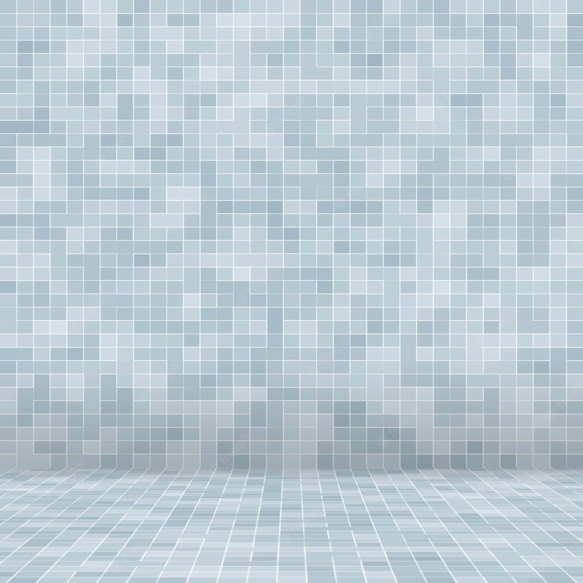 Tiles 桌布 壁紙 — 一個簡約風格的房間，牆壁和地板鋪有淺藍色馬賽克瓷磚，營造出寧靜的幾何圖案。