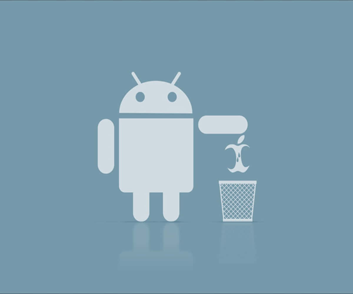 Apple Android 桌布 壁紙 — 一個簡約風格的白色Android機器人將Apple標誌丟進垃圾桶，背景為柔和的藍色。