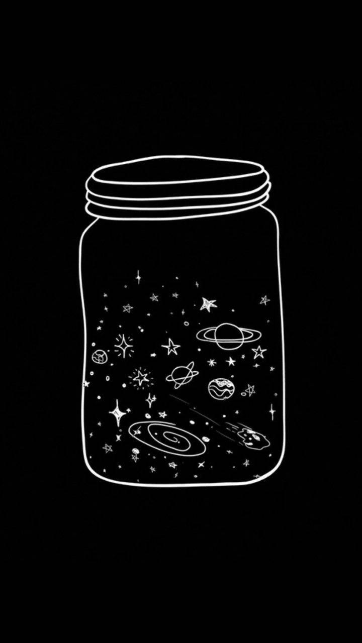 一個罐子，裡面包含一個微型宇宙，有星星、行星和星系，以白色線條繪製。 — 可愛的銀河動圖 壁紙
