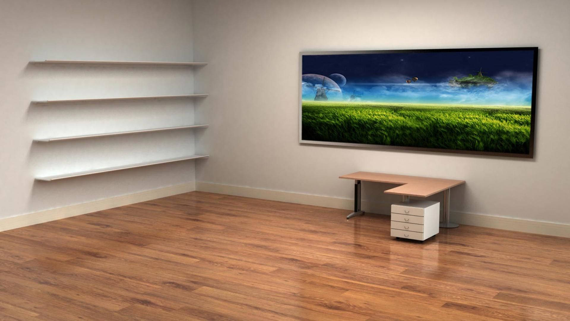Office Space 桌布 壁紙 — 一個簡約風格的辦公室，鋪有木地板，書桌上掛著一幅大型框裝奇幻風景畫。
