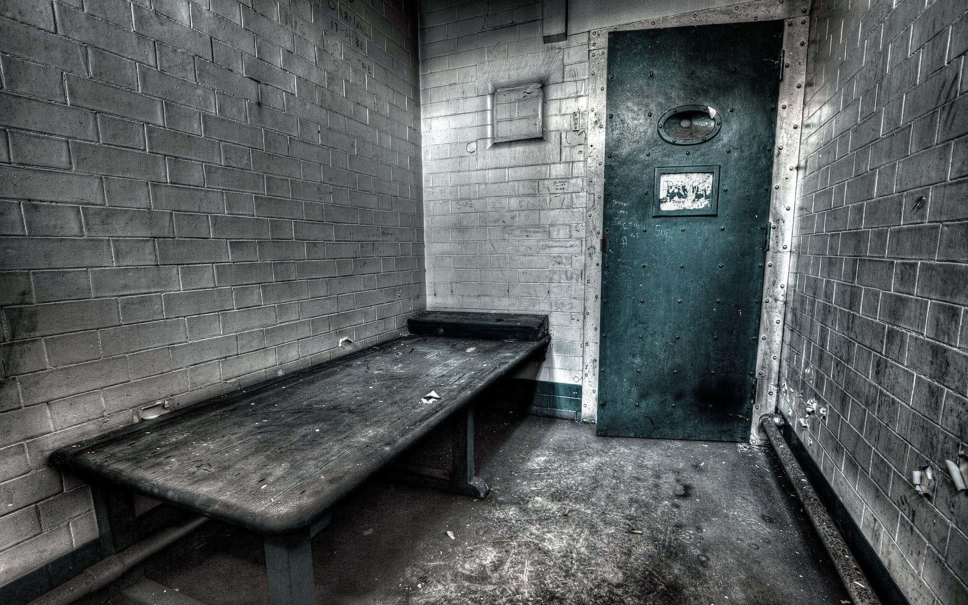 Prison Cell 桌布 壁紙 — 一個簡陋的監獄牢房，配有一張金屬床、磚牆和一扇顯示老舊和疏忽痕跡的沉重門。