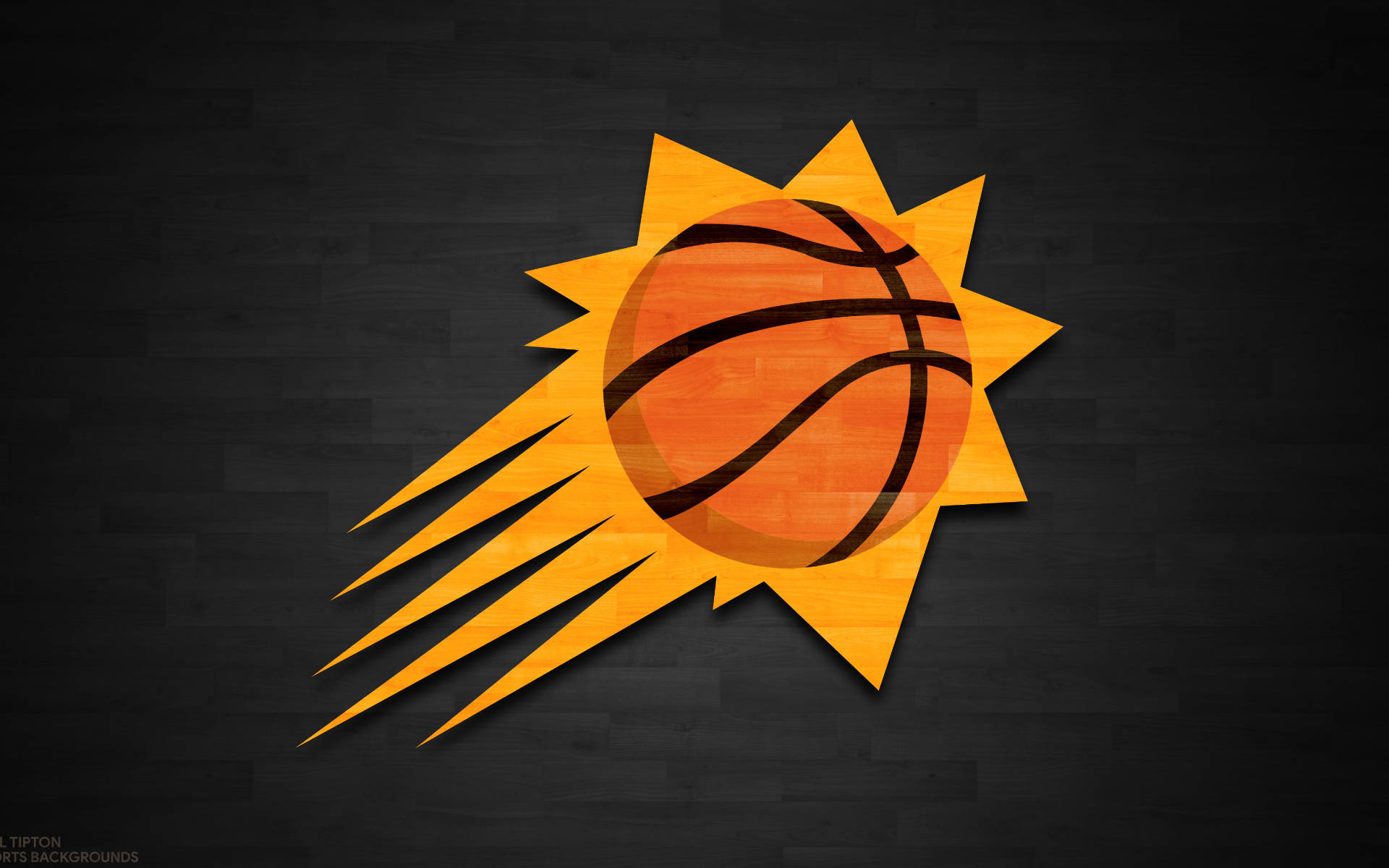 Phoenix Suns 桌布 壁紙 — 一個籃球在深色紋理背景上散發出熾熱的橙色光芒，像一個風格化的太陽。