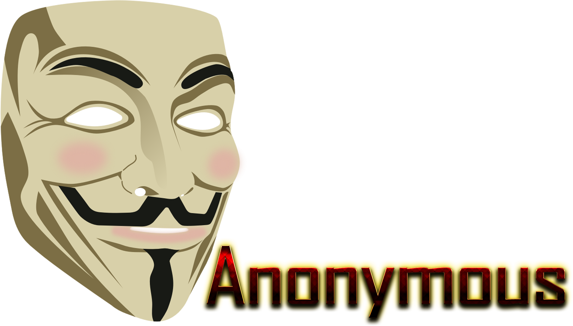 匿名 桌布 壁紙 — 一個米色 Guy Fawkes 面具，帶有玫瑰色臉頰和鬍鬚，在黑色背景上微笑，旁邊有發光黃色文字的 Anonymous 字樣。