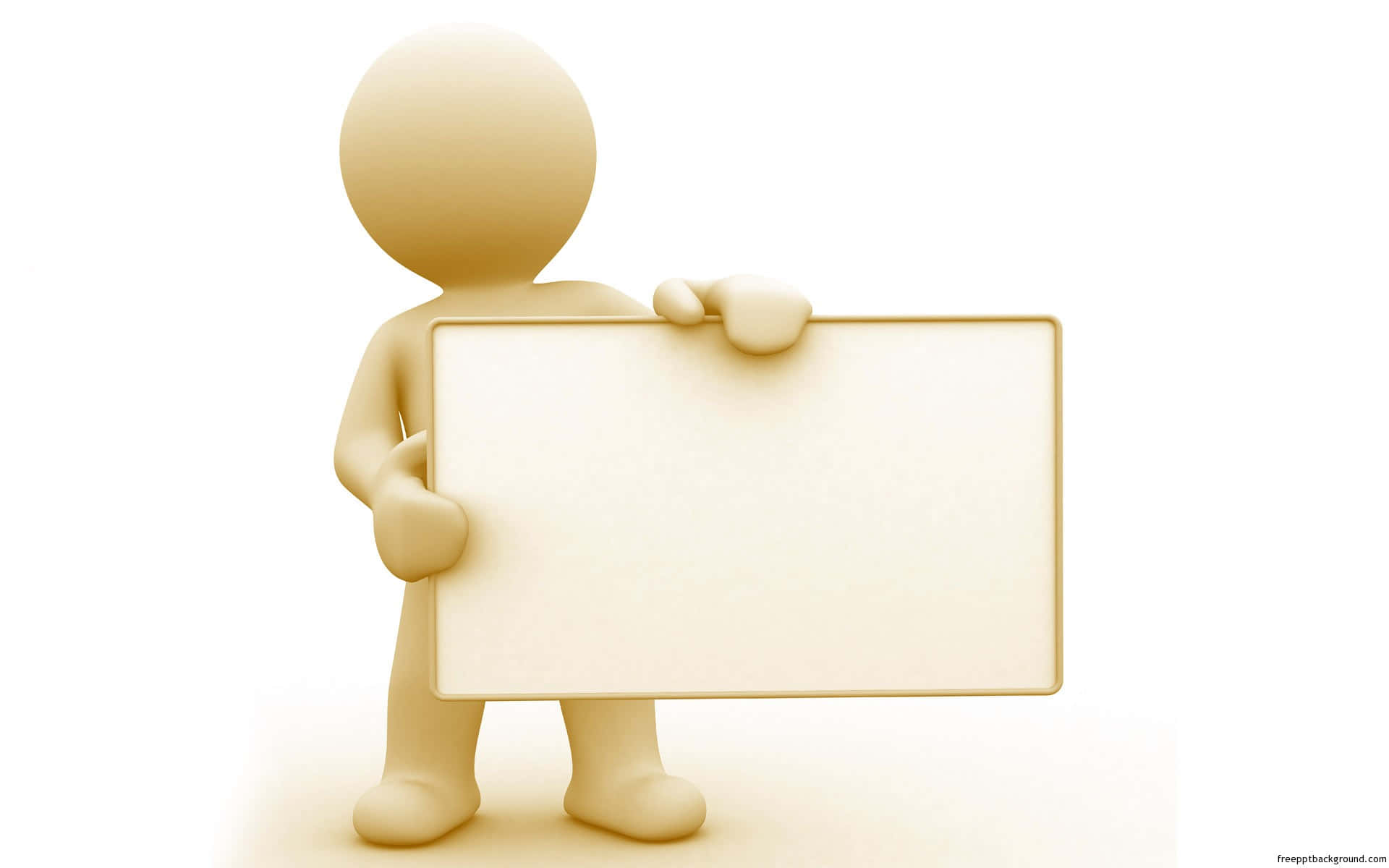 Powerpoint 桌布 壁紙 — 一個米色3D渲染的人形公仔在純白色背景前拿著一個空白的長方形標誌。
