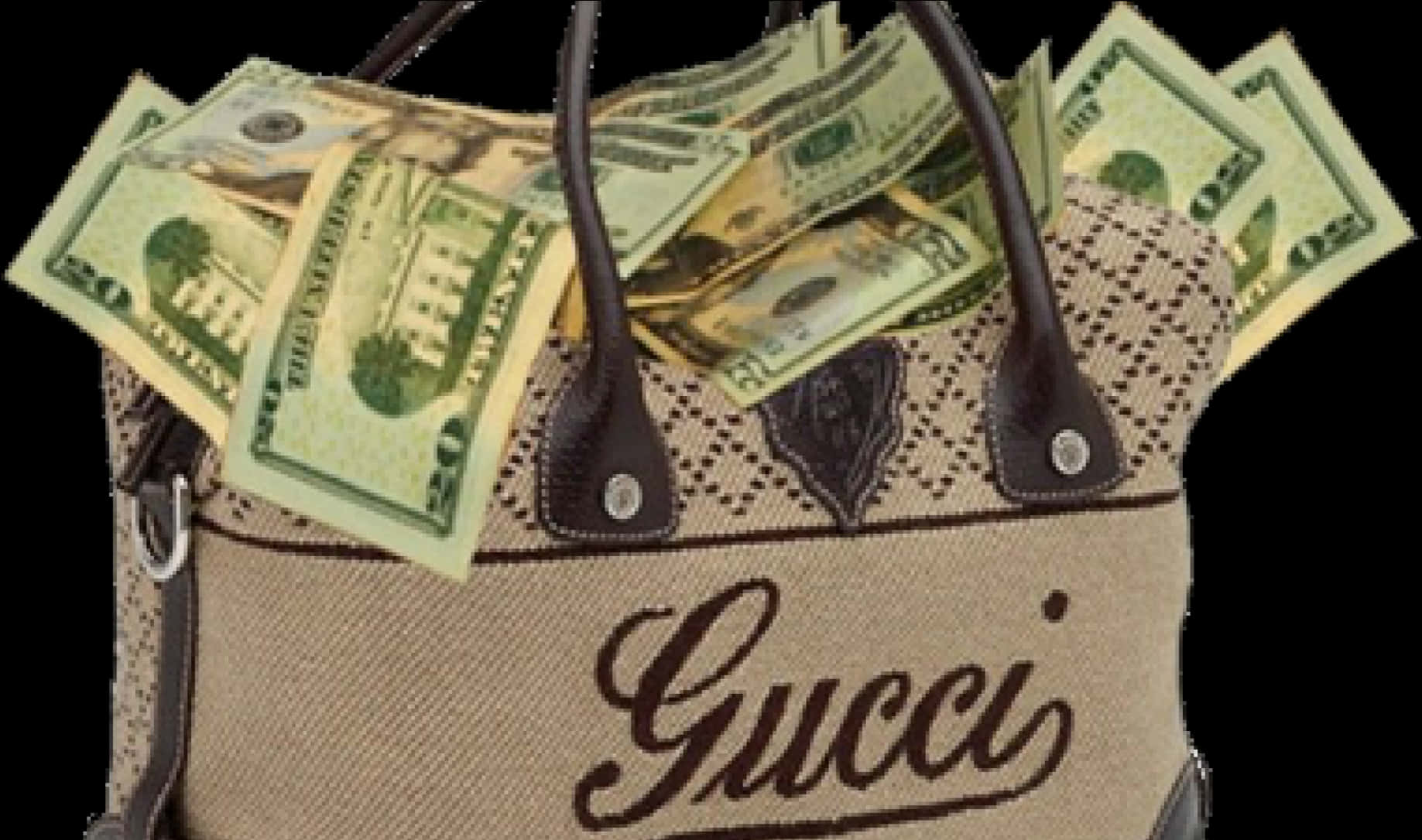 Gucci 桌布 壁紙 — 一個米色Gucci手提包，裡面塞滿了成疊的美國二十美元紙幣，背景為黑色。
