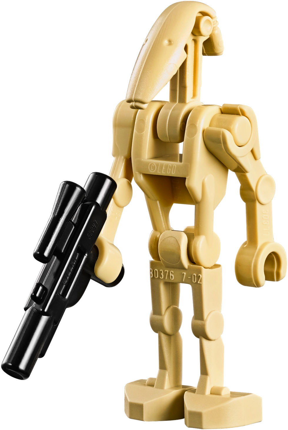 Droid 桌布 壁紙 — 一個米色LEGO星際大戰機器人公仔站在純黑色背景前，手持一把黑色爆能槍。