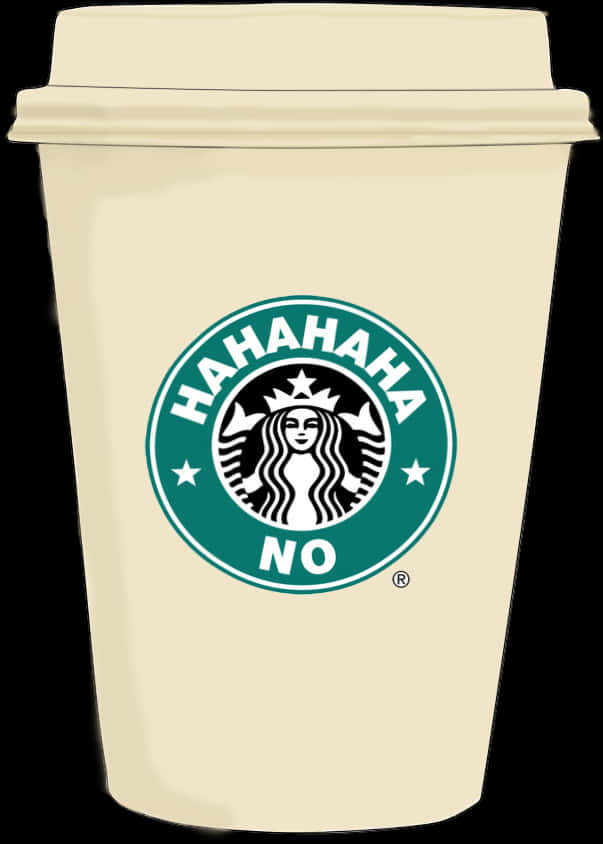 Starbucks Cup 桌布 壁紙 — 一個米色Starbucks咖啡杯附蓋，上面有一個修改過的標誌，其中'Starbucks'被綠色和白色的'HAHAHAHA NO'取代。