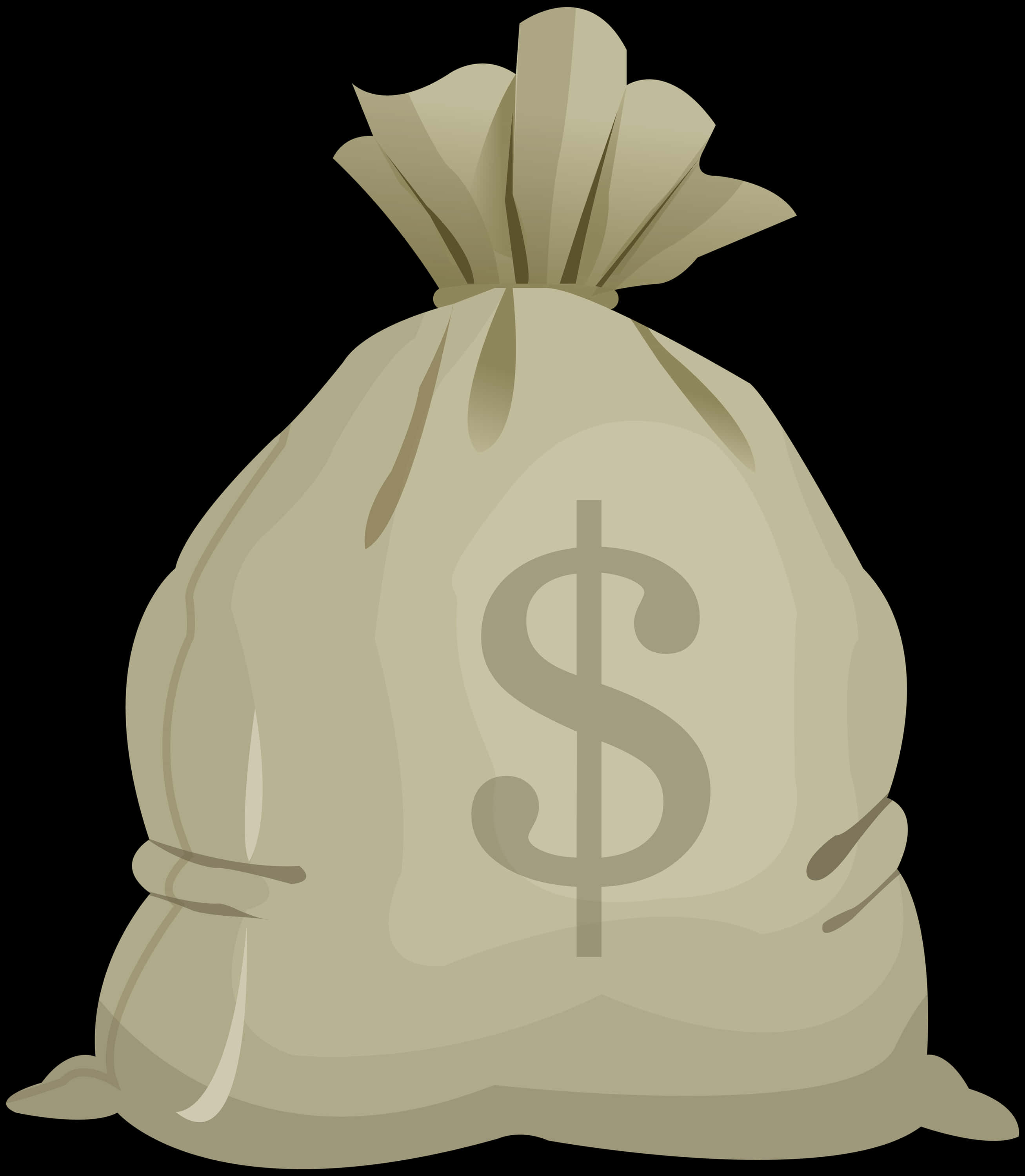 Money Bag 桌布 壁紙 — 一個米色卡通錢袋，頂部綁著一個美元符號，背景為黑色。