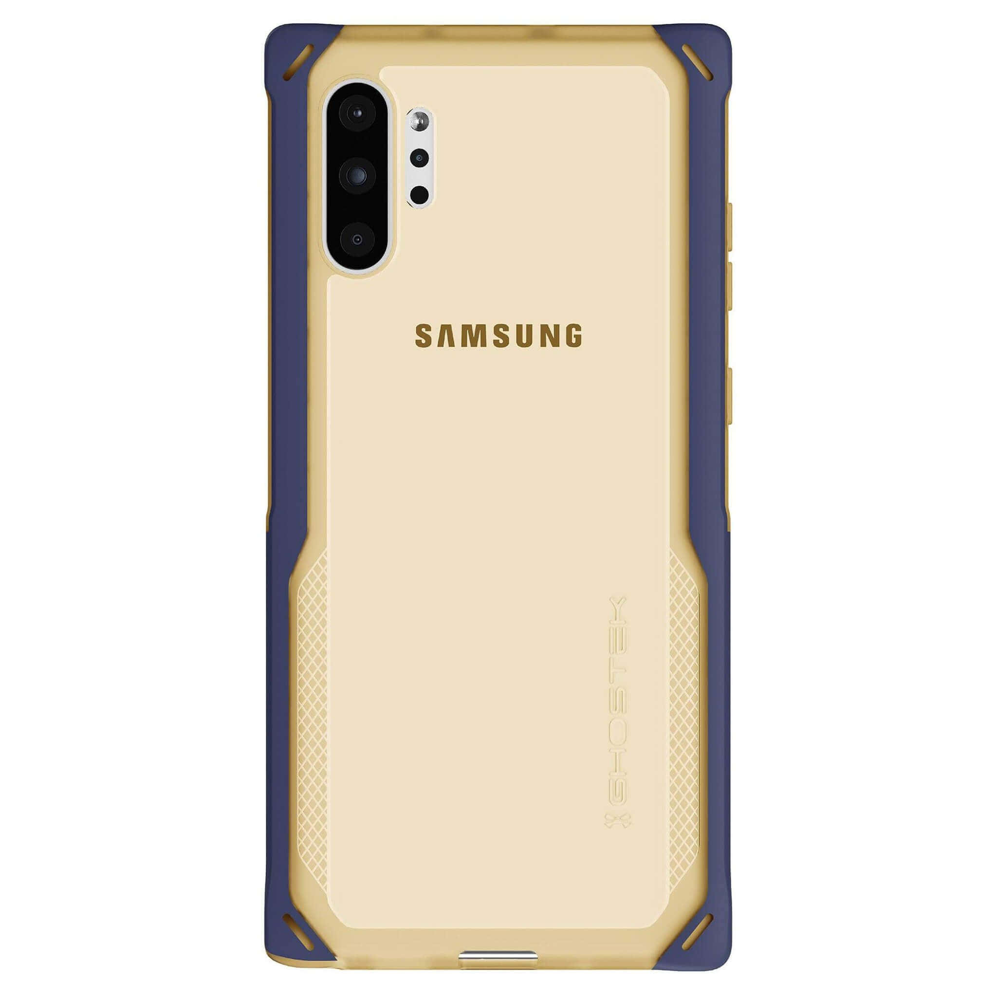 Note 10 桌布 壁紙 — 一個米色和海軍藍色的堅固手機殼，帶有紋理握把和可見的三星品牌標誌，背景為白色。