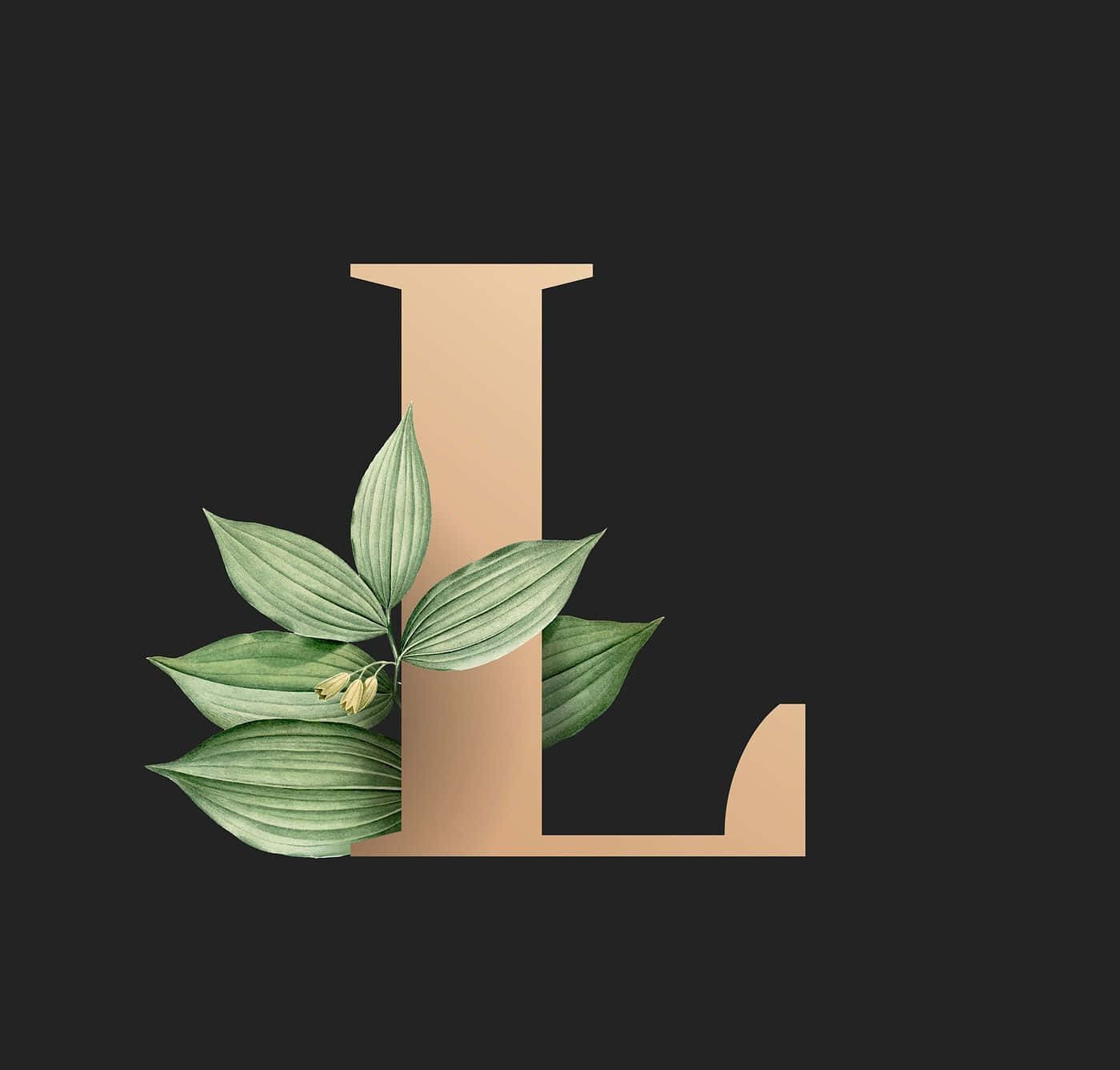 L 桌布 壁紙 — 一個米色字母L，點綴著綠色葉子和小黃花，襯以深色背景。