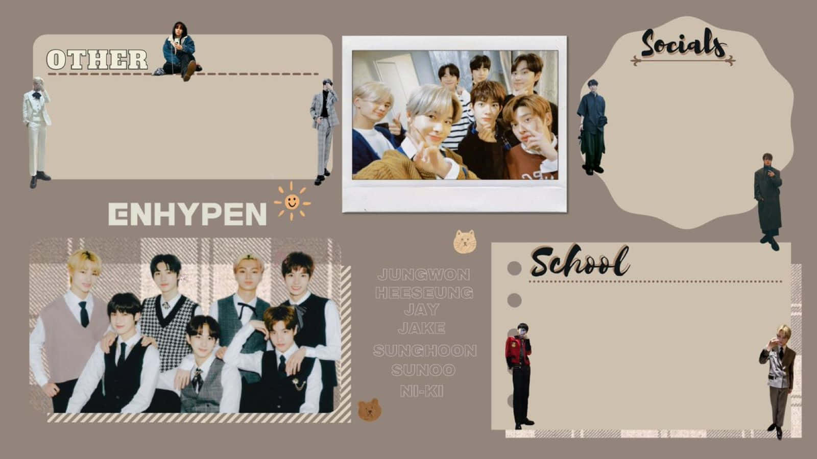 Enhypen Laptop 桌布 壁紙 — 一個米色數位拼貼，展示K-pop組合ENHYPEN的多張照片和姿勢，附有手寫標籤。