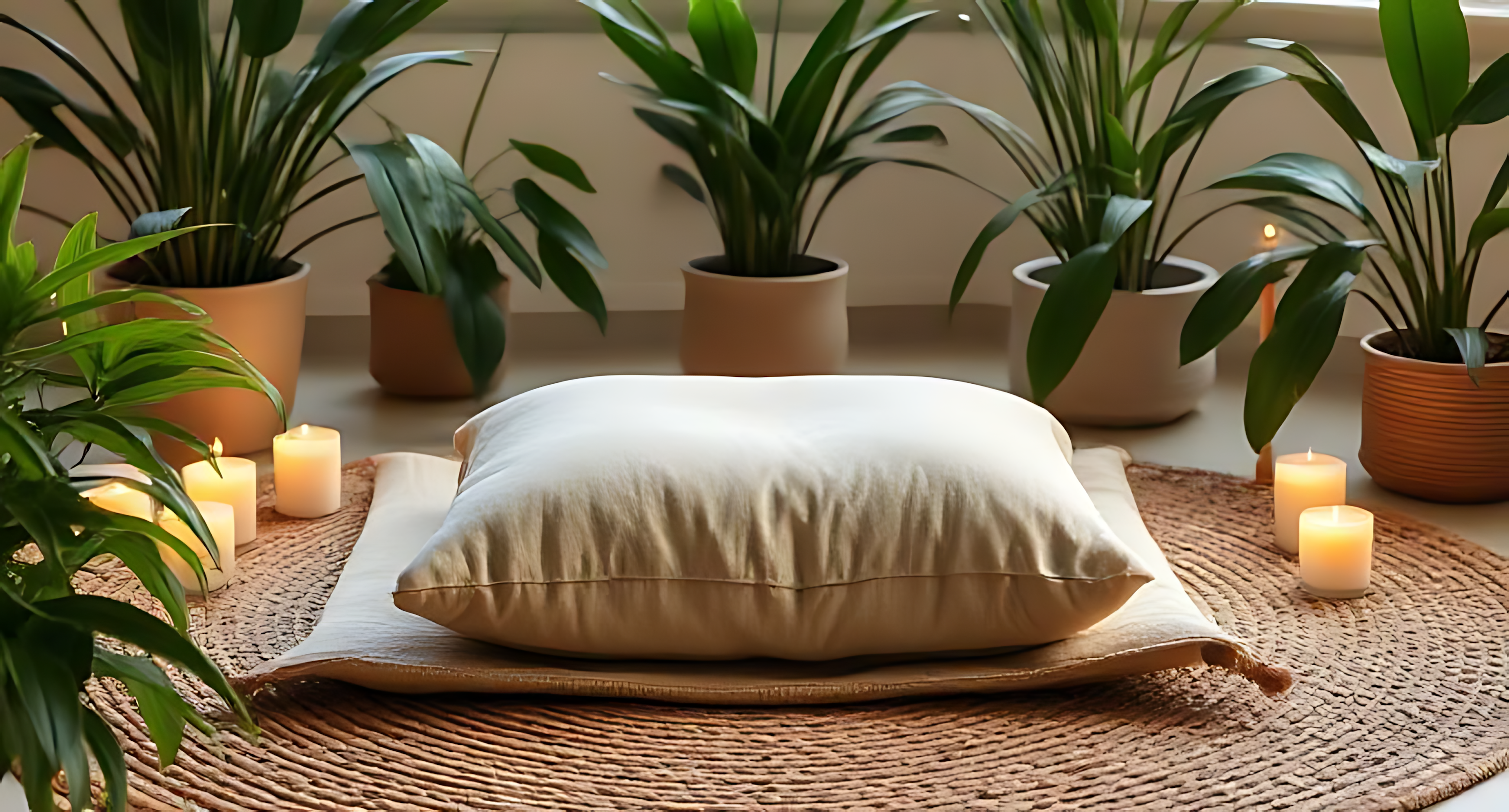 Relaxation 桌布 壁紙 — 一個米色枕頭放在編織墊上，周圍有盆栽植物和點燃的蠟燭，在柔和自然光下。