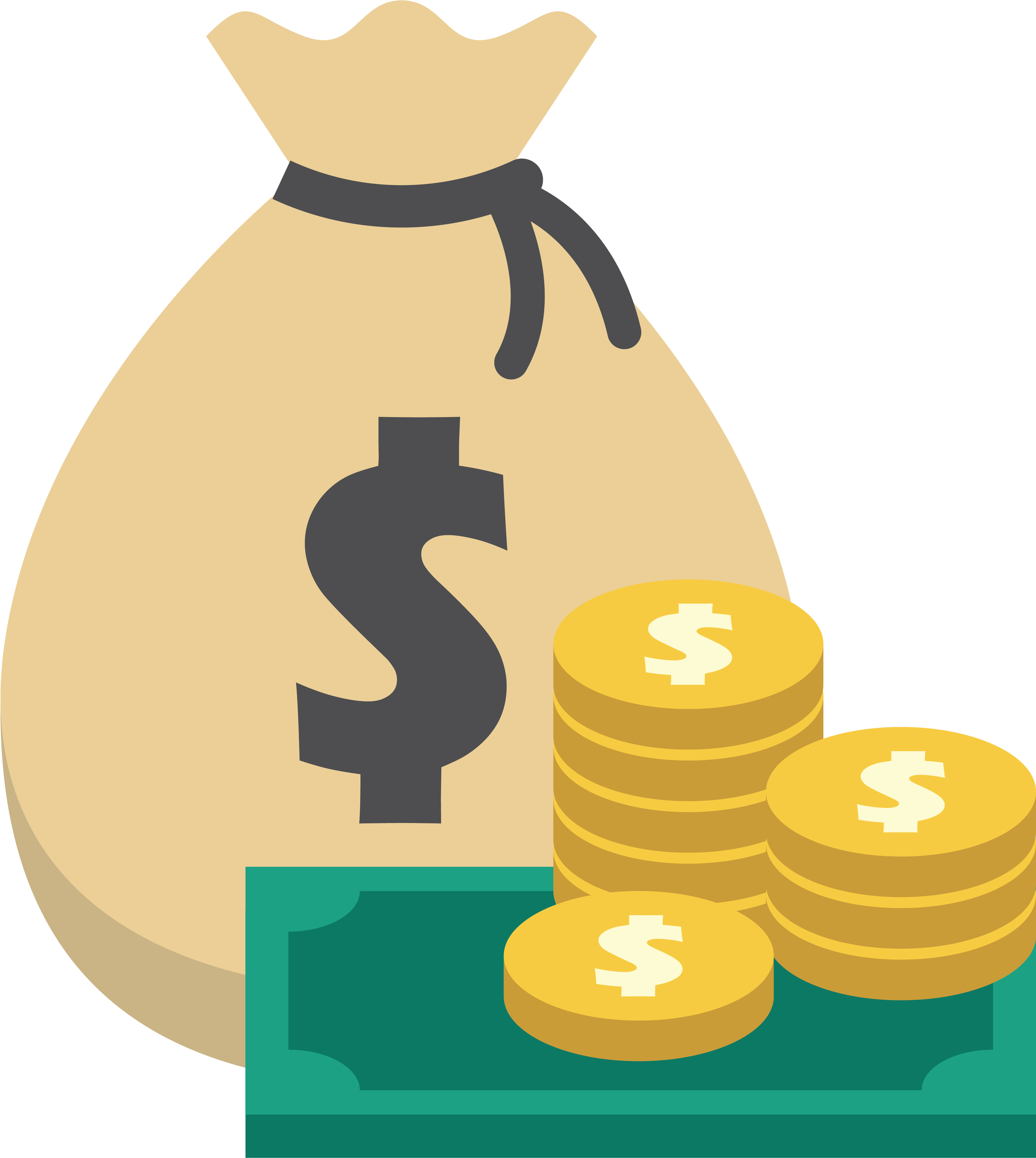 金錢 桌布 壁紙 — 一個米色的錢袋上有美元符號，旁邊放著一堆金幣和綠色紙幣。